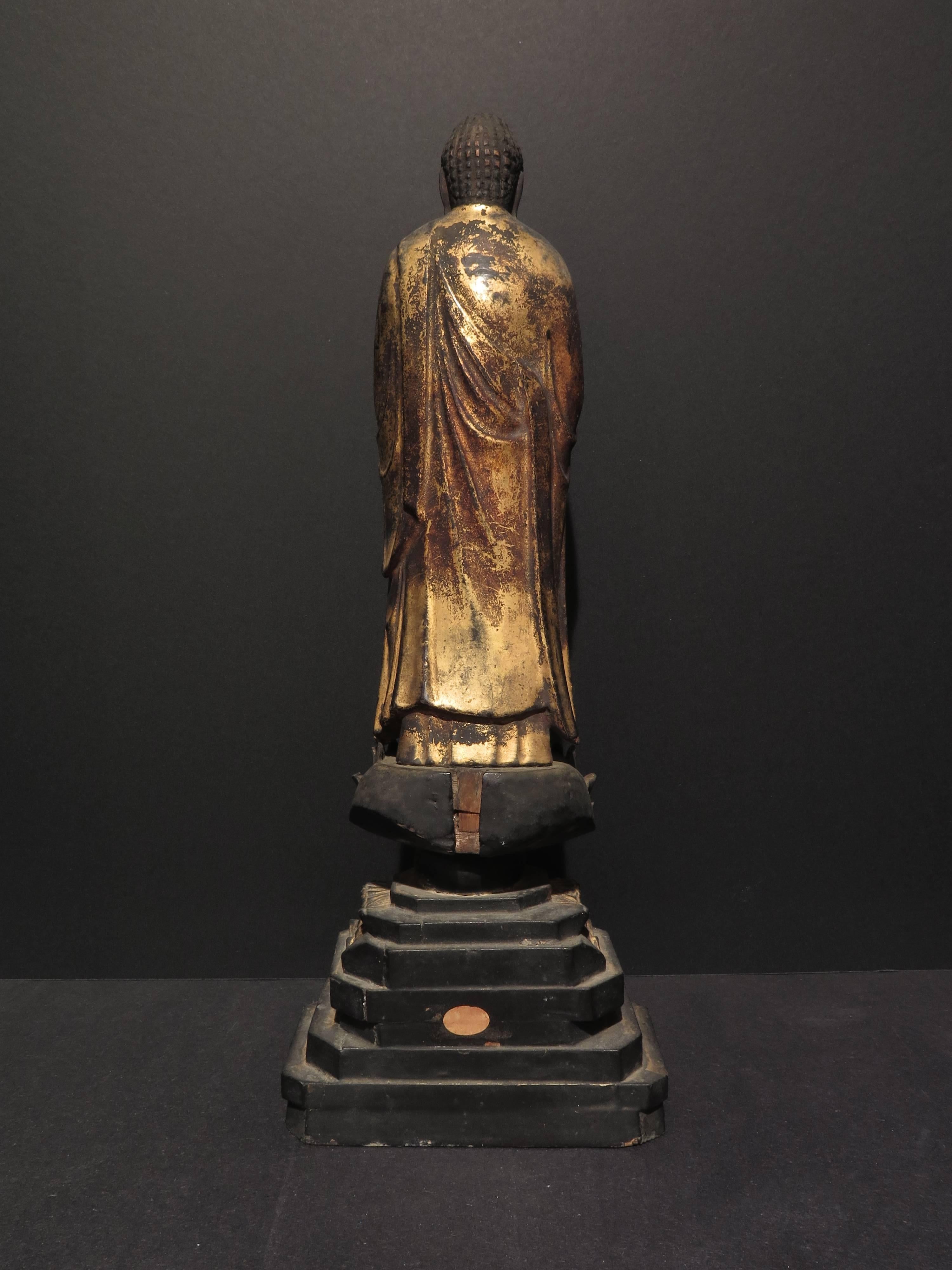 Hand-Carved 19th Century Edo Period Japanese Gilt Wooden of a Standing Amida Buddha