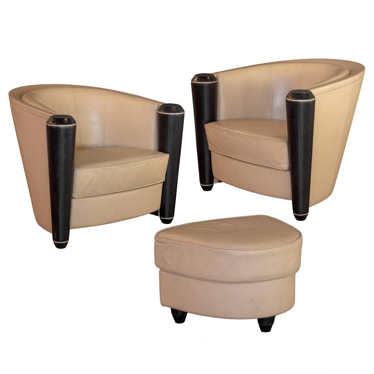 Adam Tihani Pace Collection Pair of Leather Club Chairs and Ottoman
