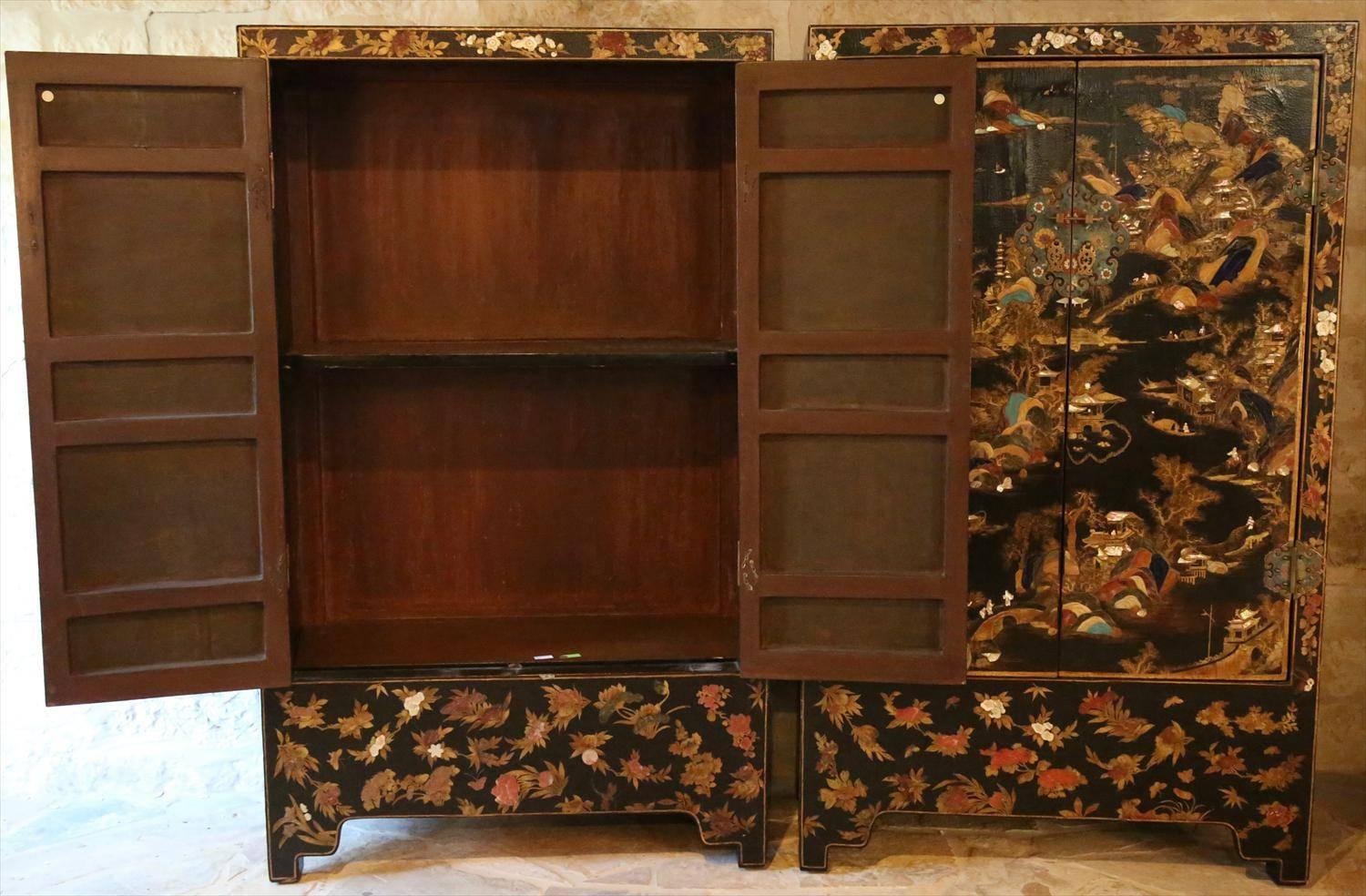 Hand-Carved Pair of Chinese Qing Dynasty Lacquer Painted and Hardstone Inlaid Cabinets
