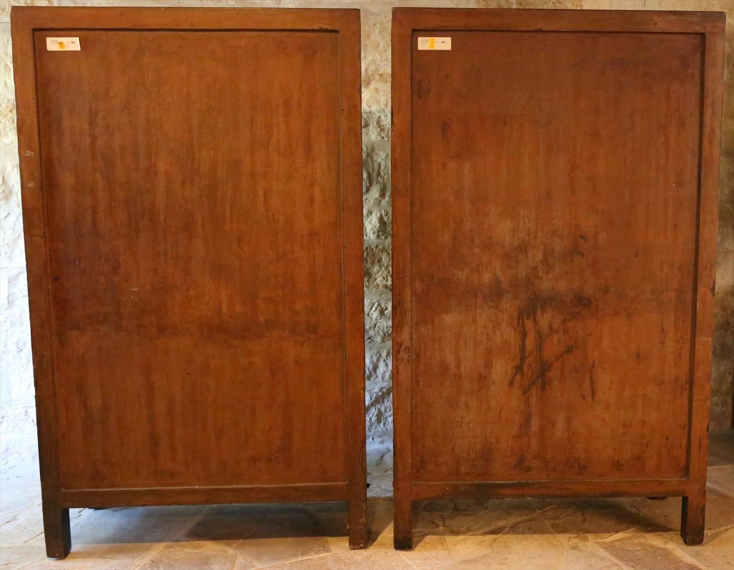Pair of Chinese Qing Dynasty Lacquer Painted and Hardstone Inlaid Cabinets In Good Condition In Austin, TX