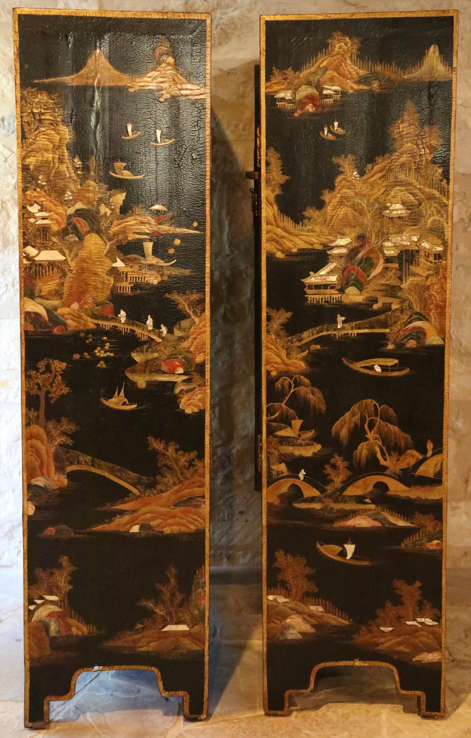 Enamel Pair of Chinese Qing Dynasty Lacquer Painted and Hardstone Inlaid Cabinets