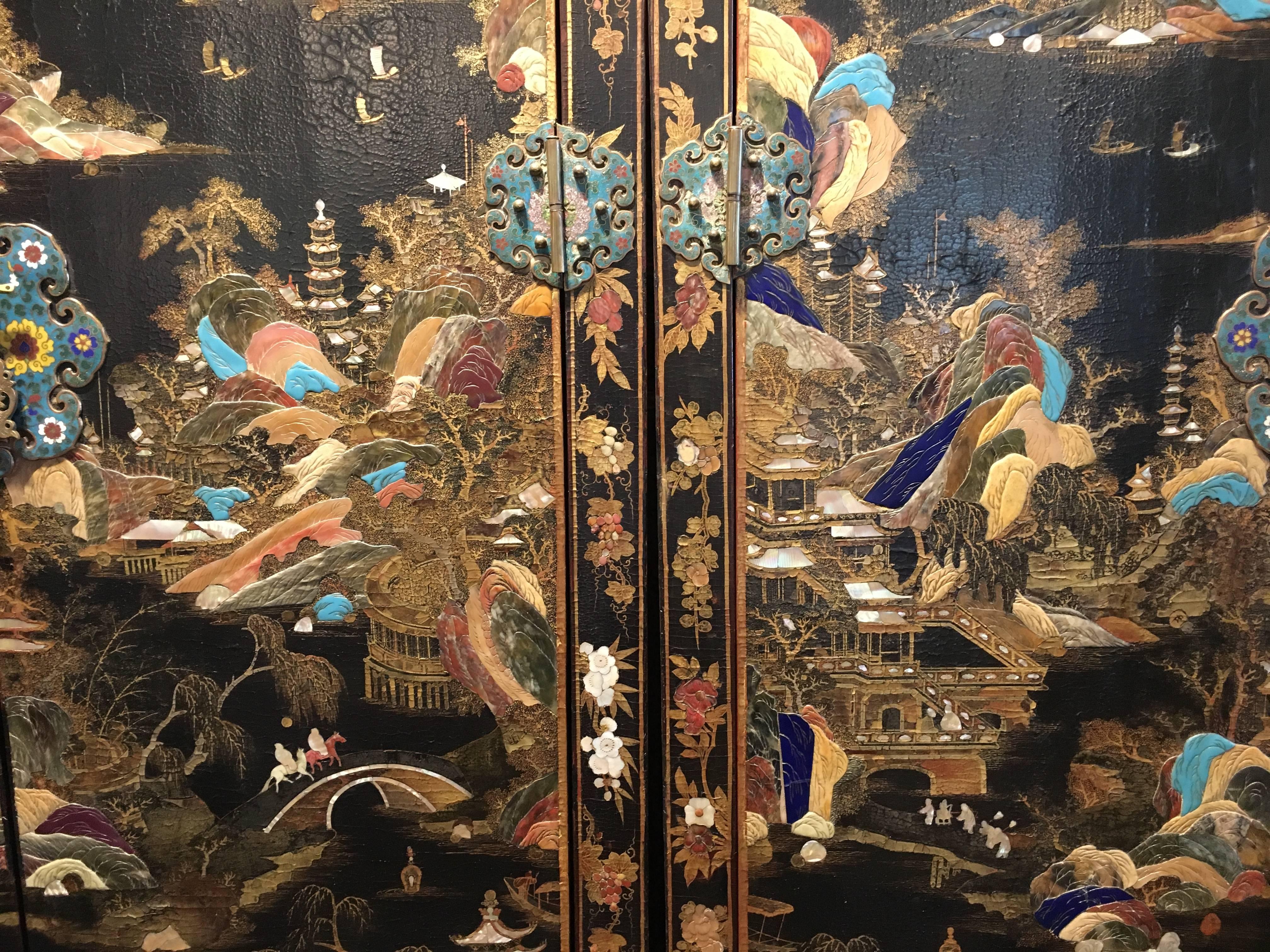 19th Century Pair of Chinese Qing Dynasty Lacquer Painted and Hardstone Inlaid Cabinets