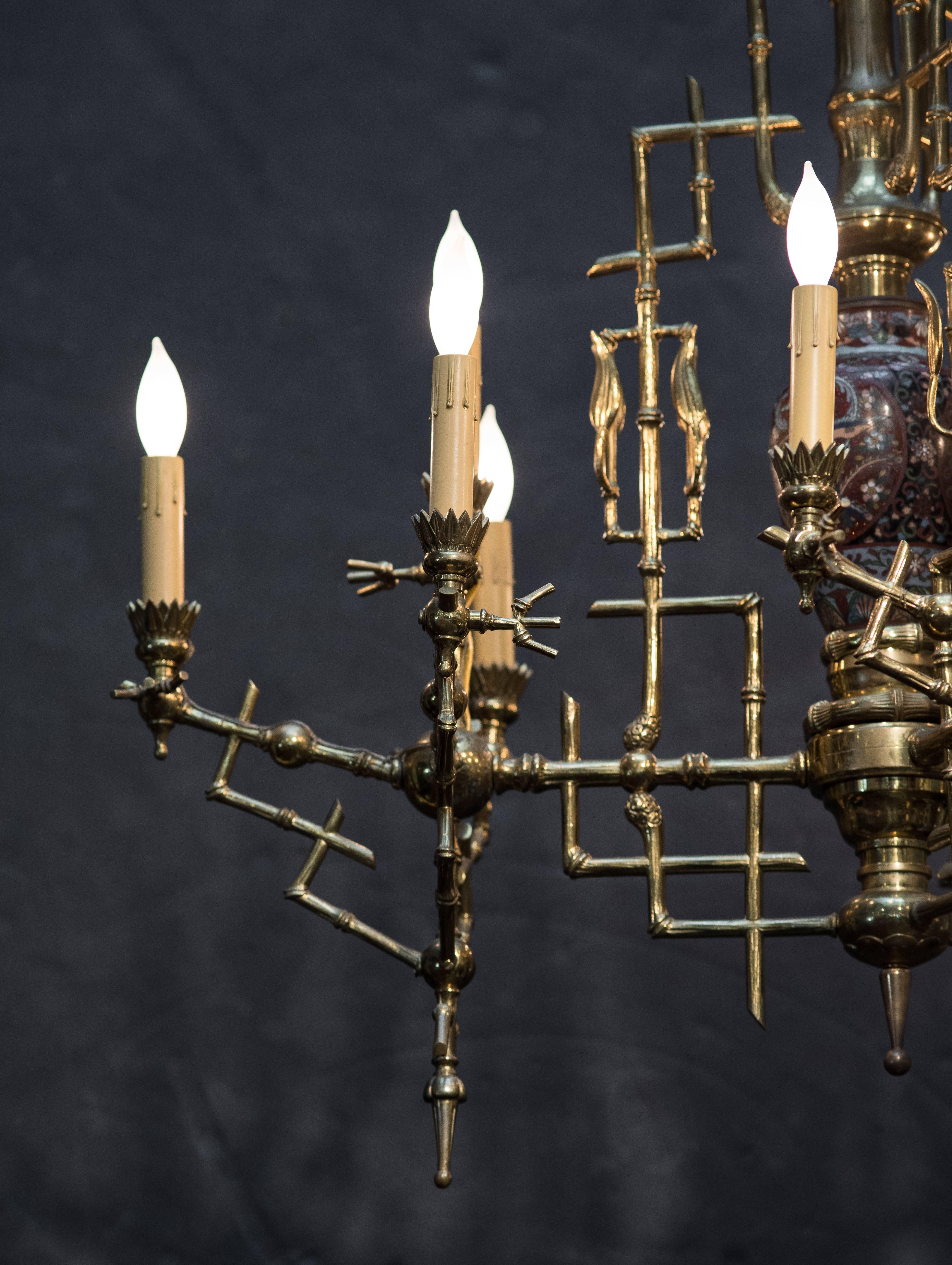 Cloissoné 19th Century English Chinoiserie Brass Bamboo Twelve-Light Chandelier