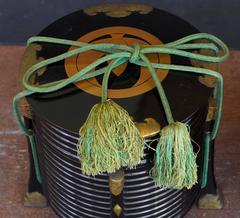 Pair of Japanese Black and Gold Lacquer Round Hokkai, Picnic Boxes