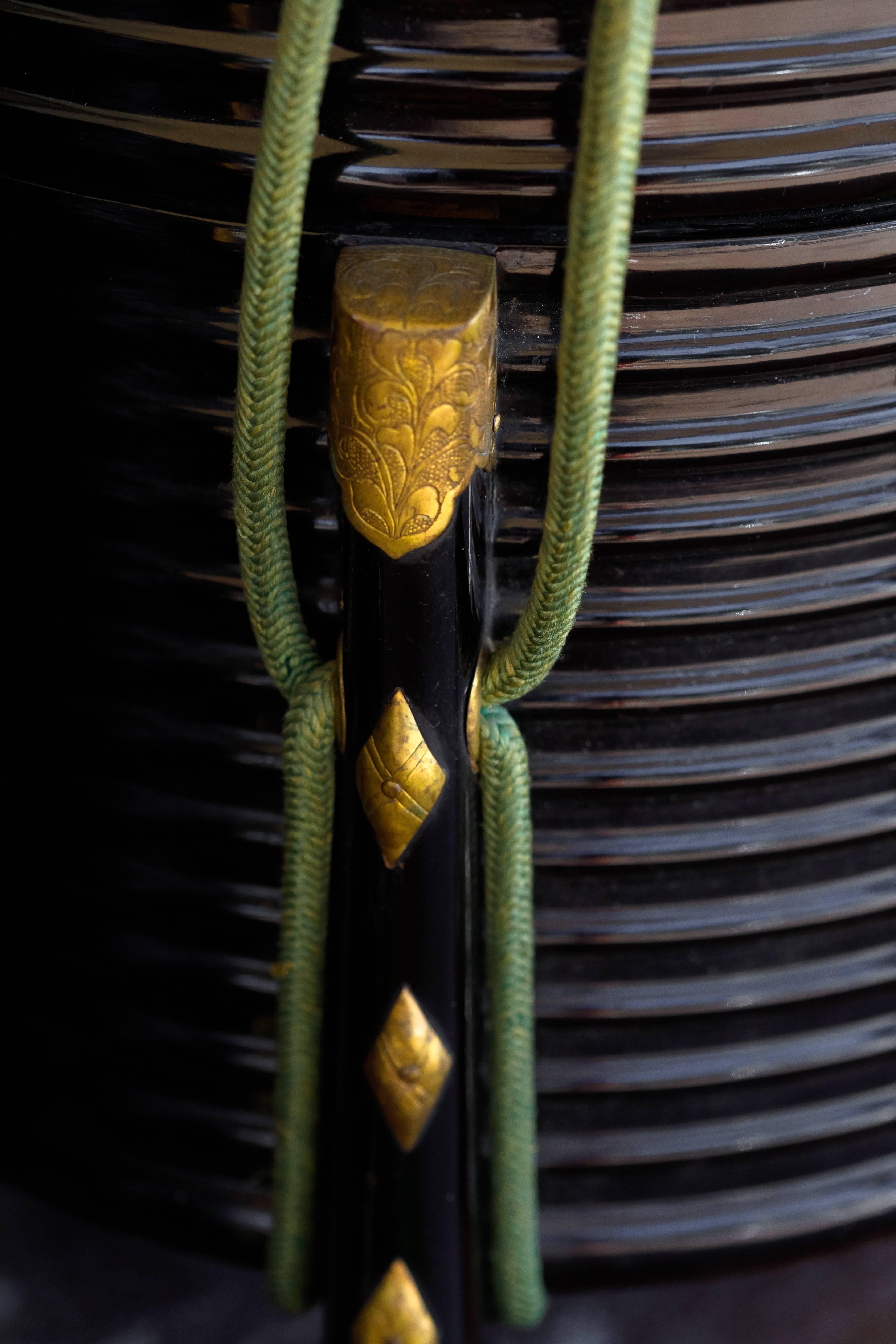 Copper Pair of Japanese Black and Gold Lacquer Round Hokkai, Picnic Boxes