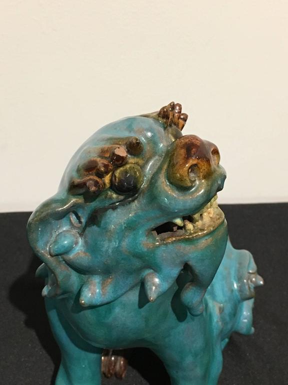 Pair of Chinese Turquoise Glazed Shiwan Pottery Foo Dogs 2