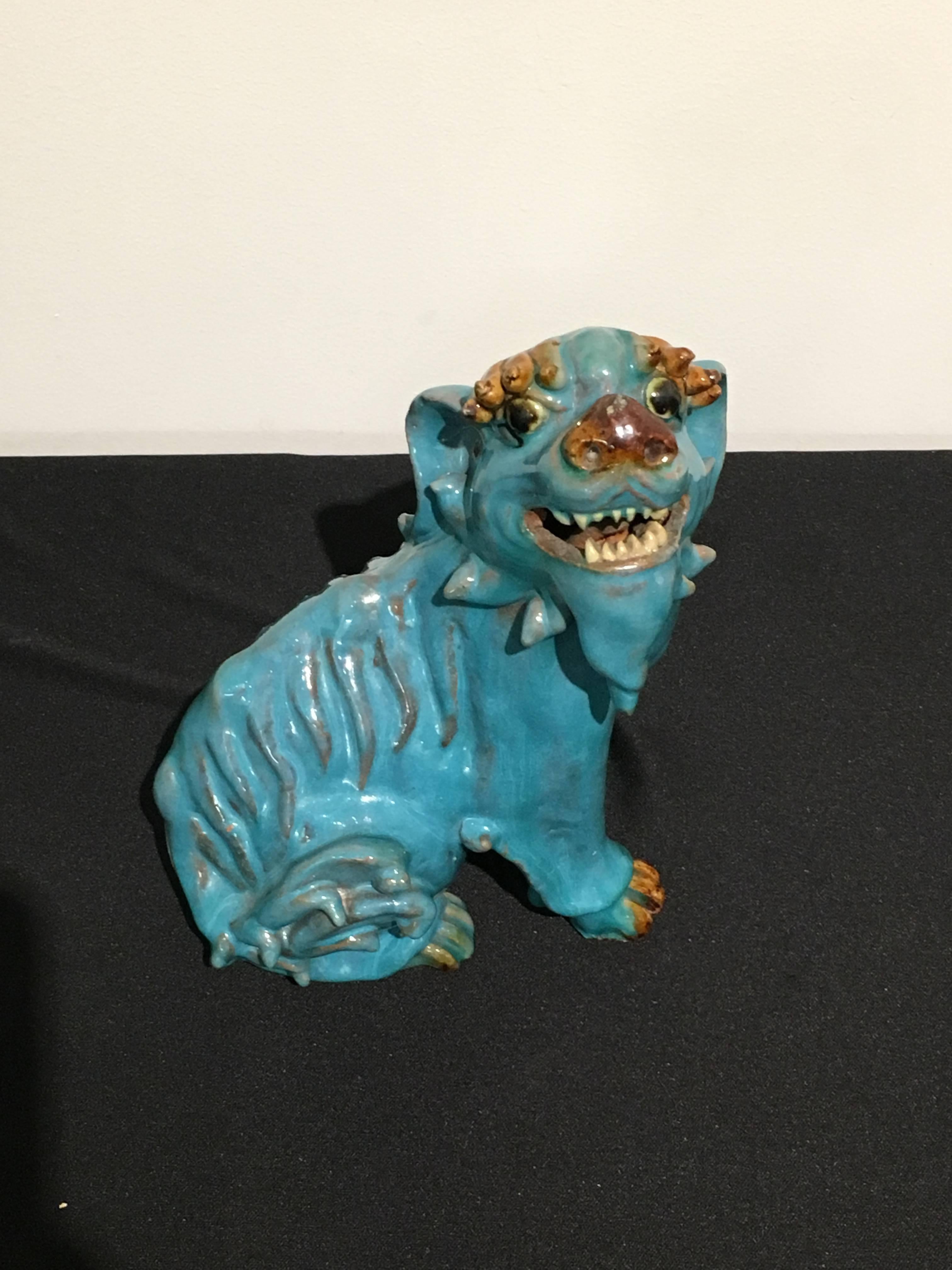 Hollywood Regency Pair of Chinese Turquoise Glazed Shiwan Pottery Foo Dogs