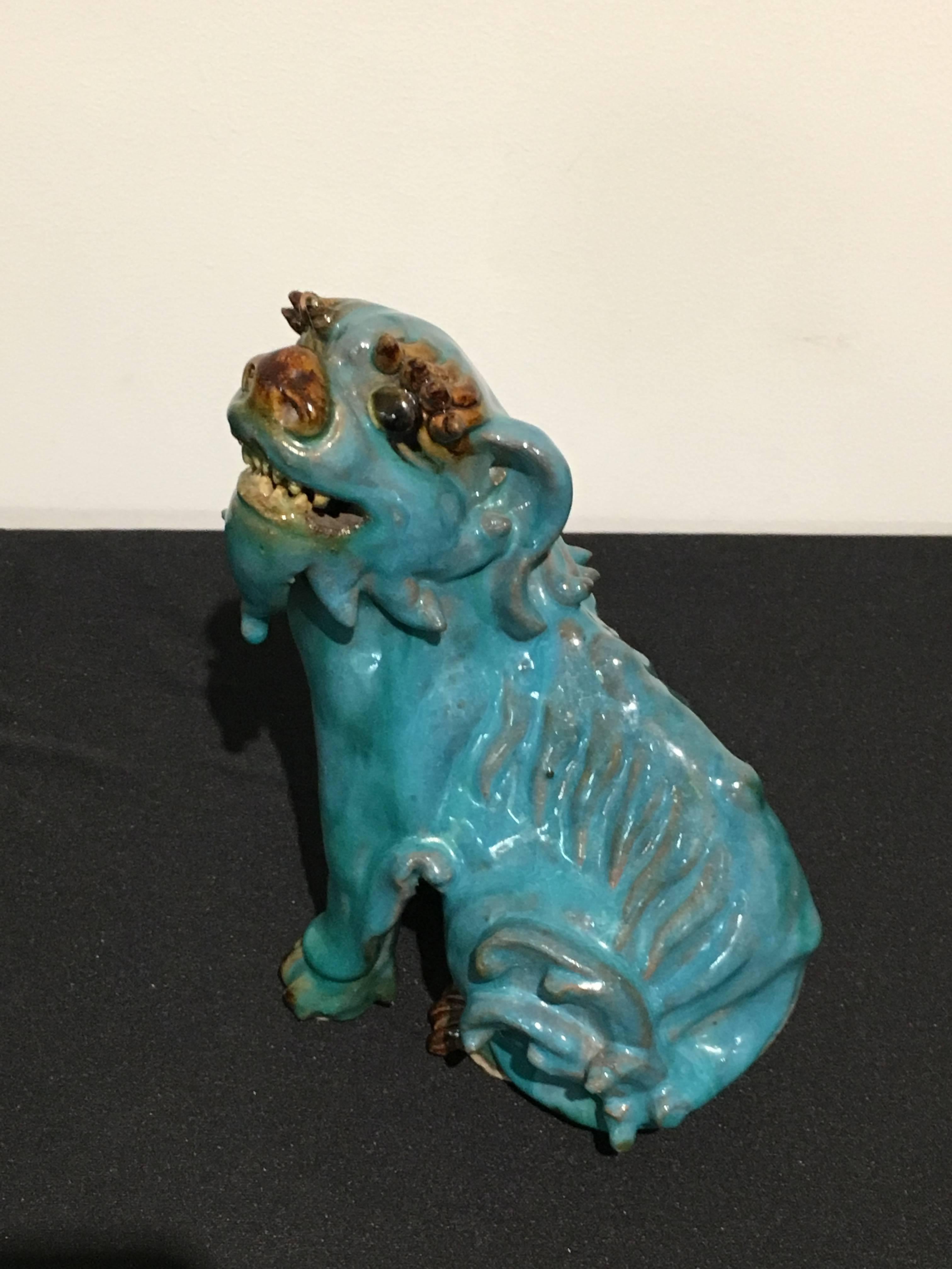 Pair of Chinese Turquoise Glazed Shiwan Pottery Foo Dogs In Good Condition In Austin, TX