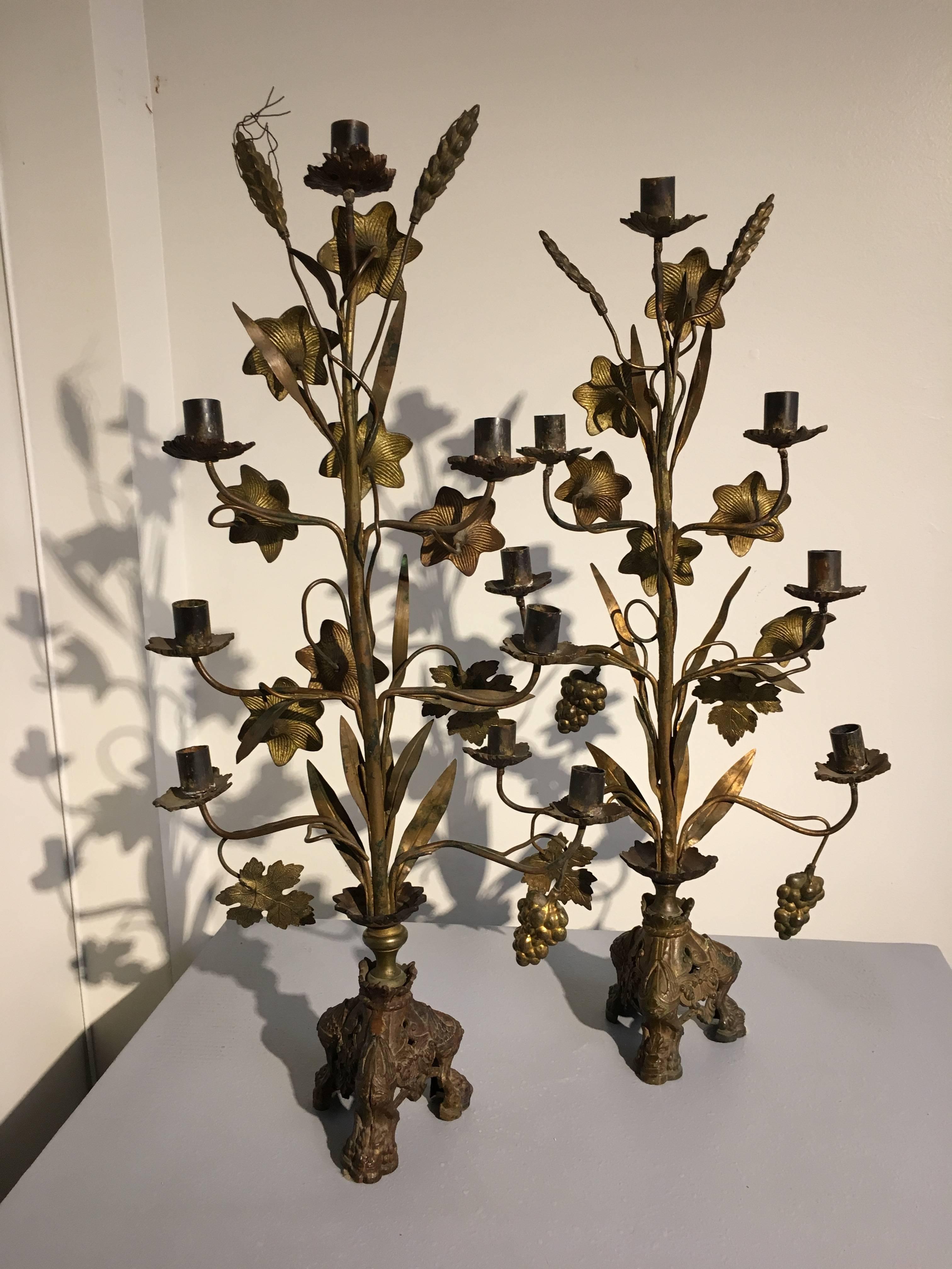 A beautiful pair of French Provincial candelabra, featuring a harvest motif, with sheafs of wheat, clusters of grapes, and lily blossoms. Each with six arms and seven sconces. The candelabra set up upon three winged lion feet.