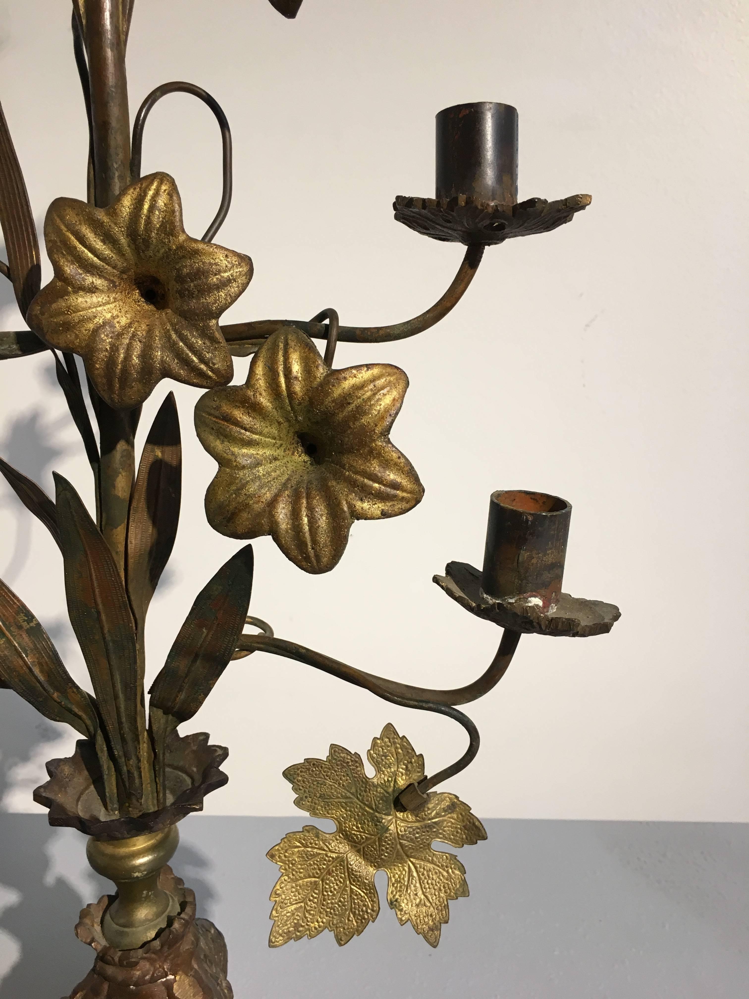 20th Century Pair of French Bronze and Brass Wheat and Grape Harvest Candelabra
