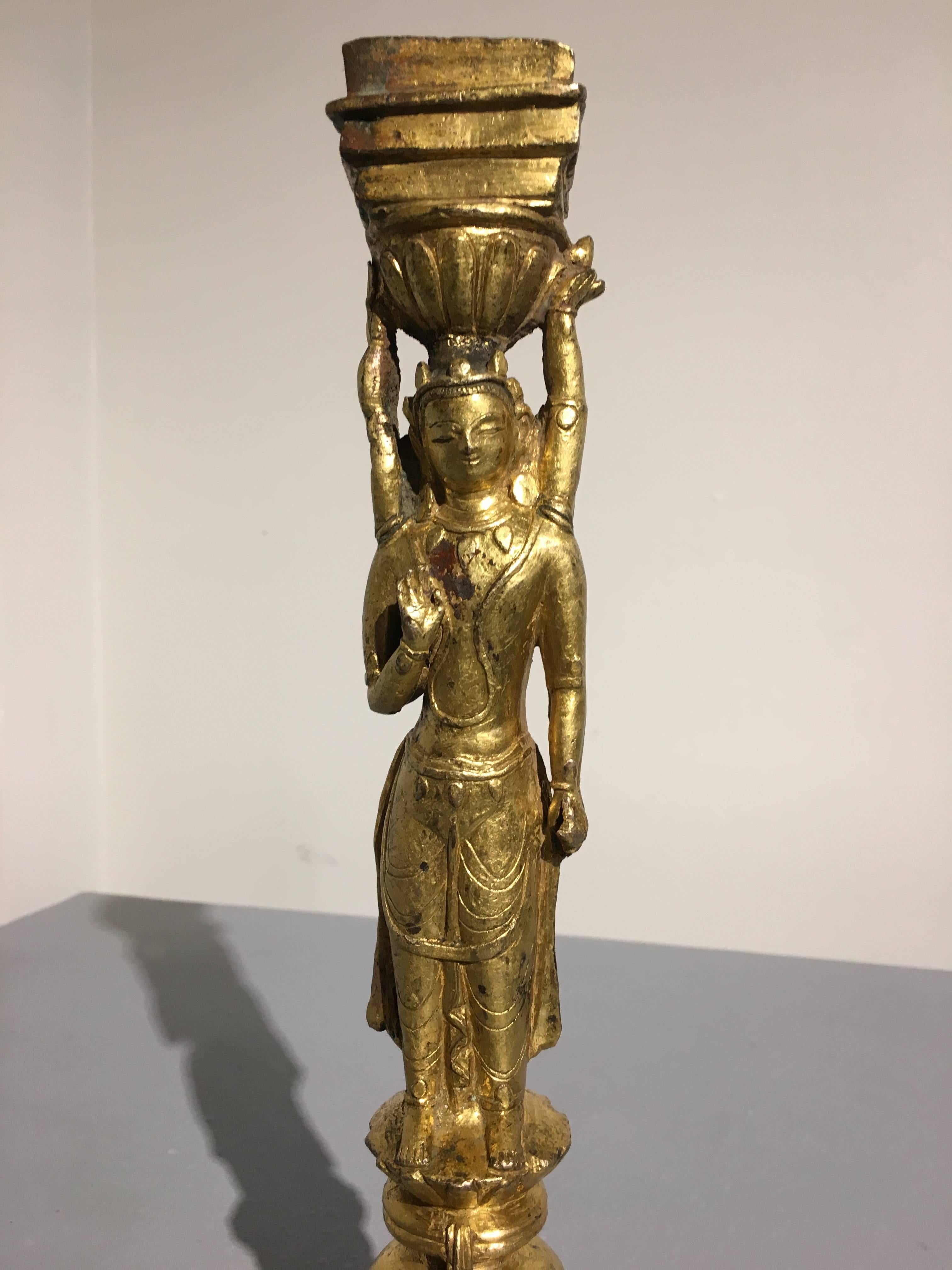 Cast Densatil Gilt Bronze Caryatid Figure, Tibet, 15th Century For Sale