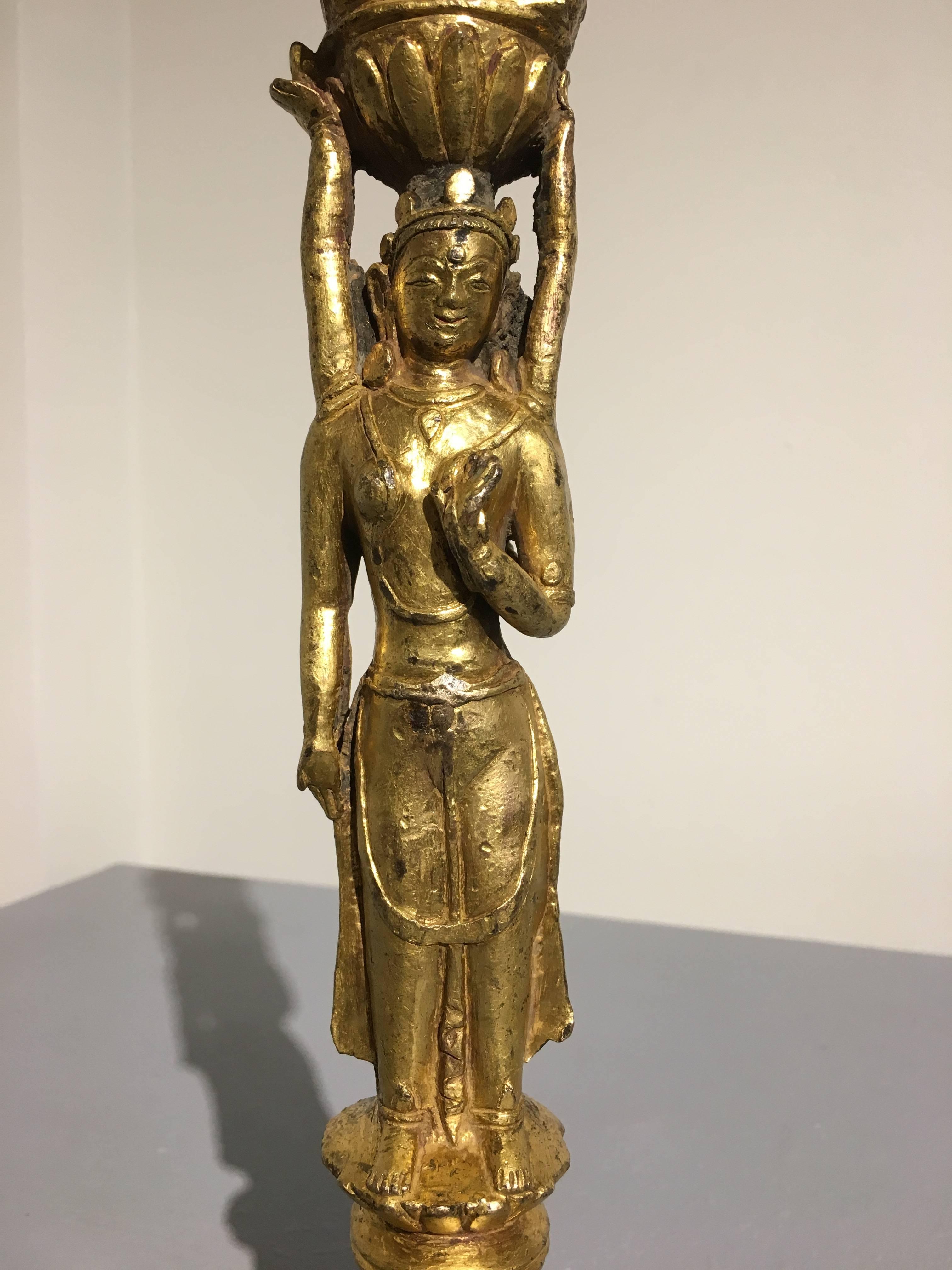 Densatil Gilt Bronze Caryatid Figure, Tibet, 15th Century For Sale 1