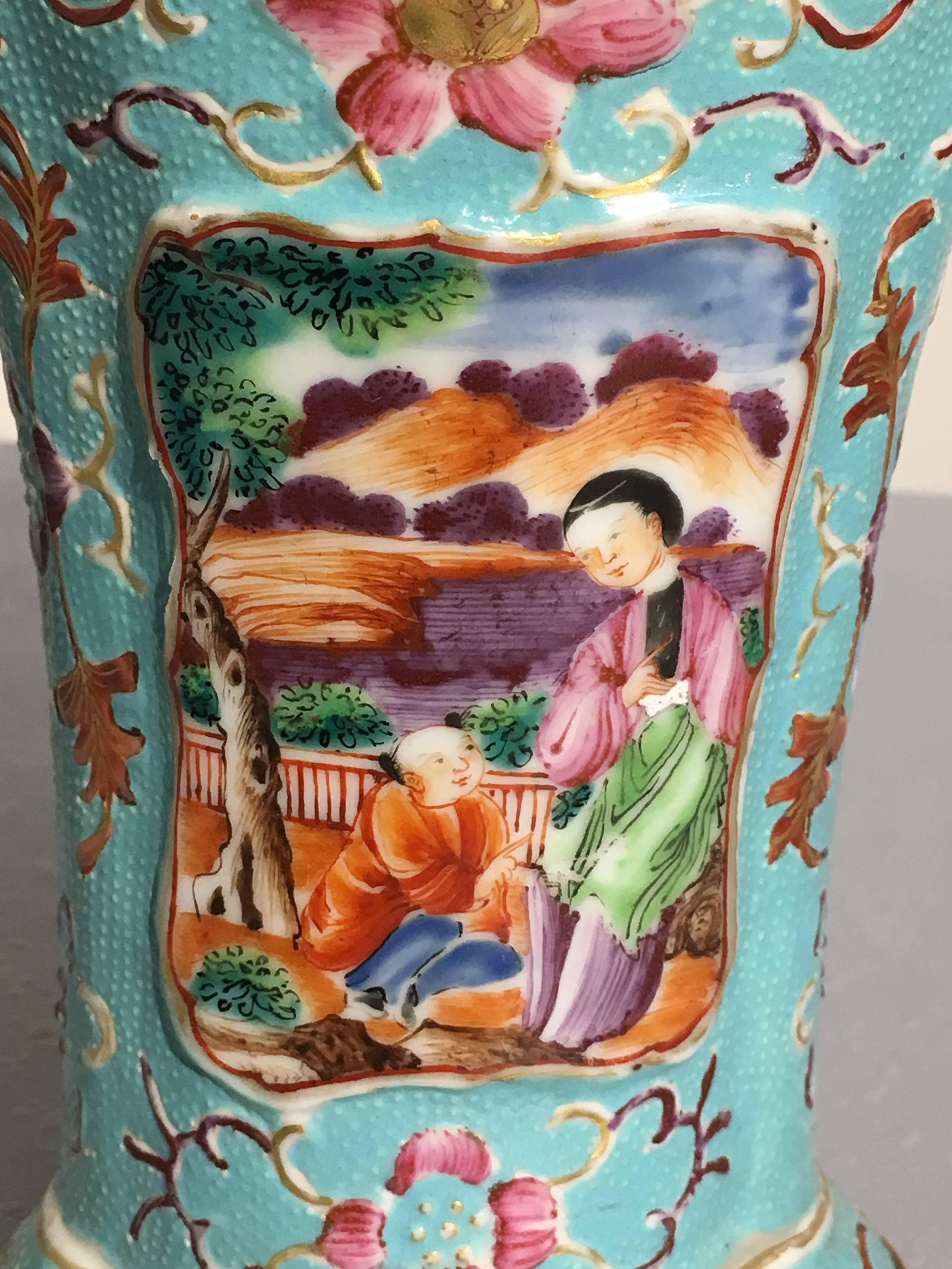 Pair of Late 18th Century Chinese Export Mandarin Turquoise Vases In Fair Condition In Austin, TX