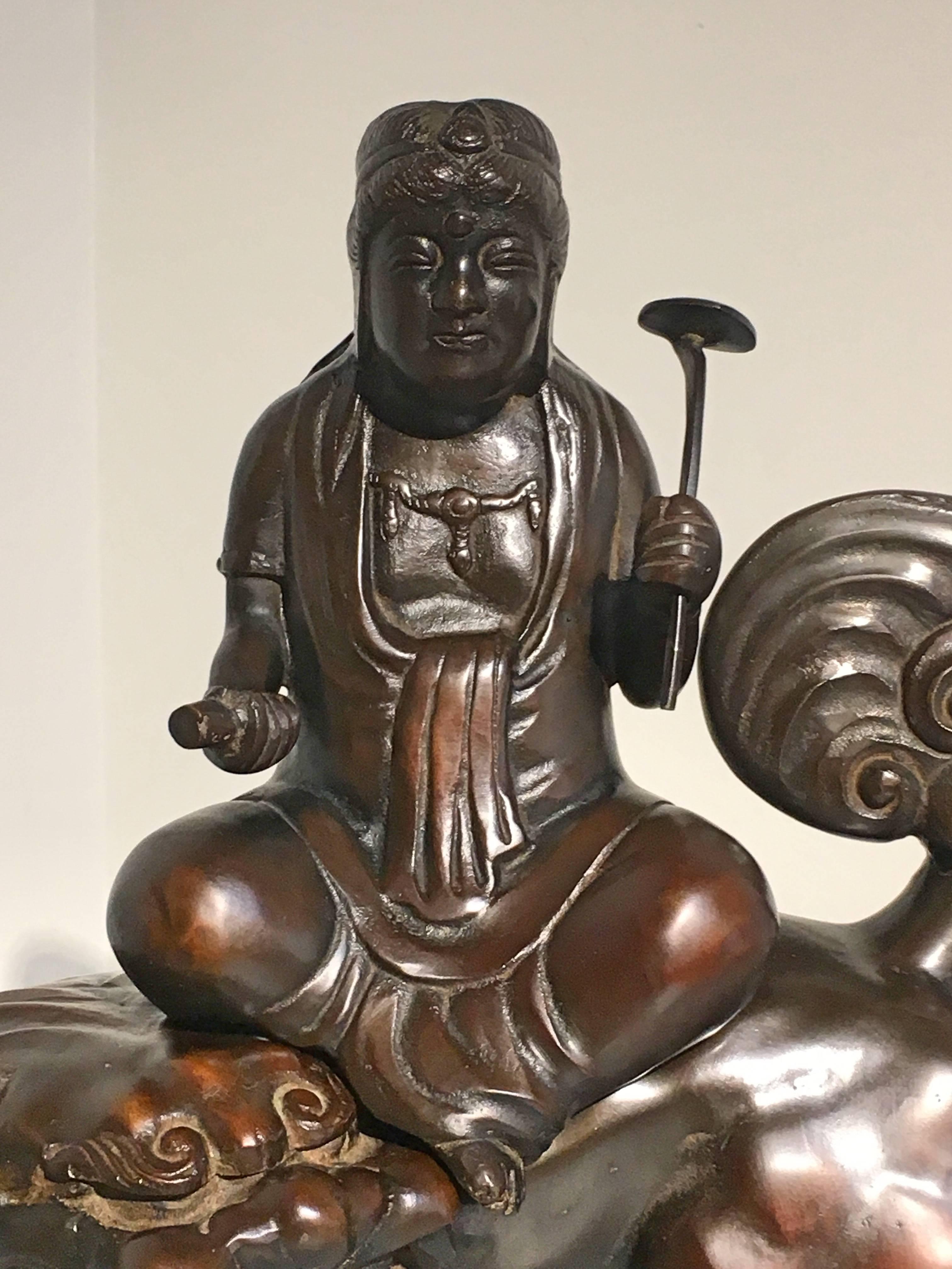 Early 20th Century Japanese Art Deco Bronze Sculpture of Monju Bosatsu on a Shishi