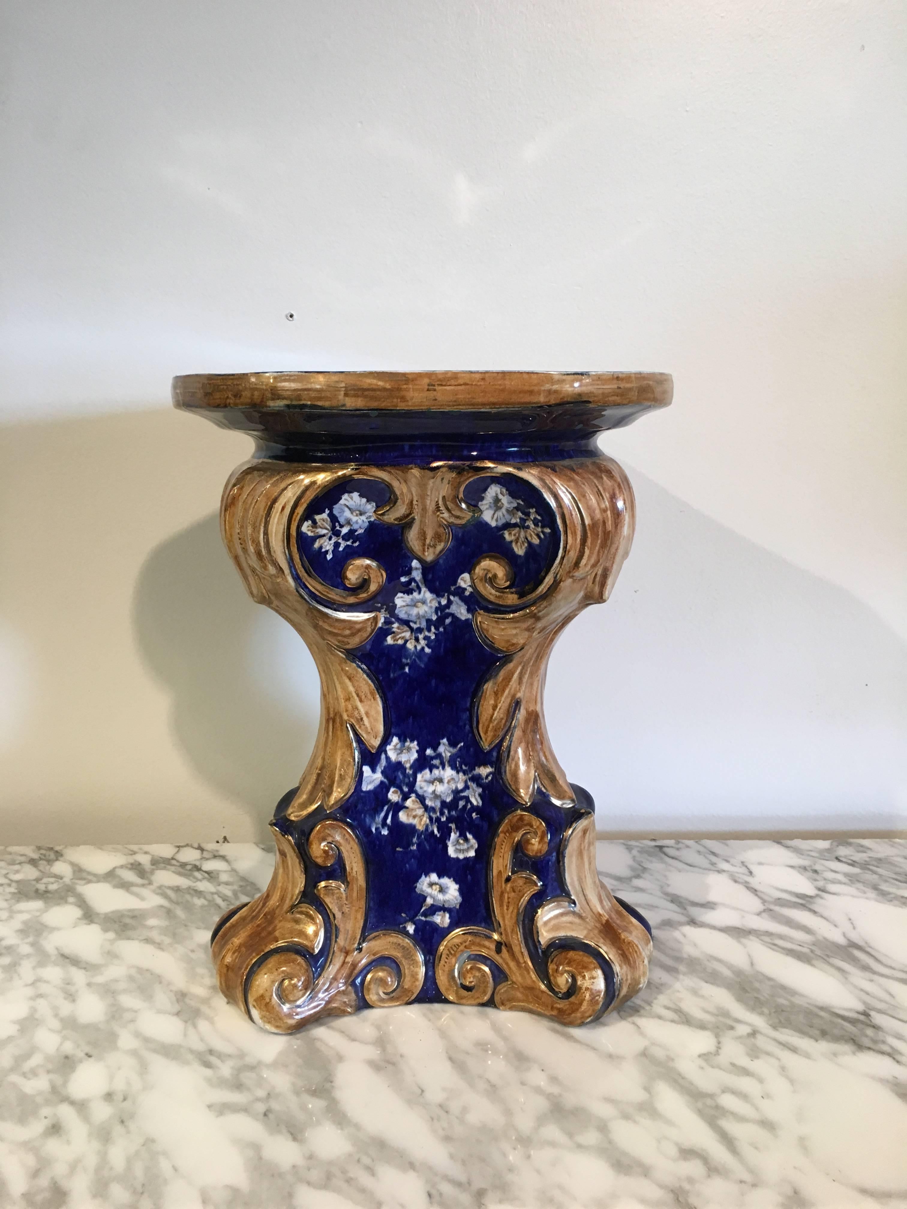 Aesthetic Movement Majolica Cobalt Blue Garden Seat or Pedestal, Late 19th Century, Italy For Sale