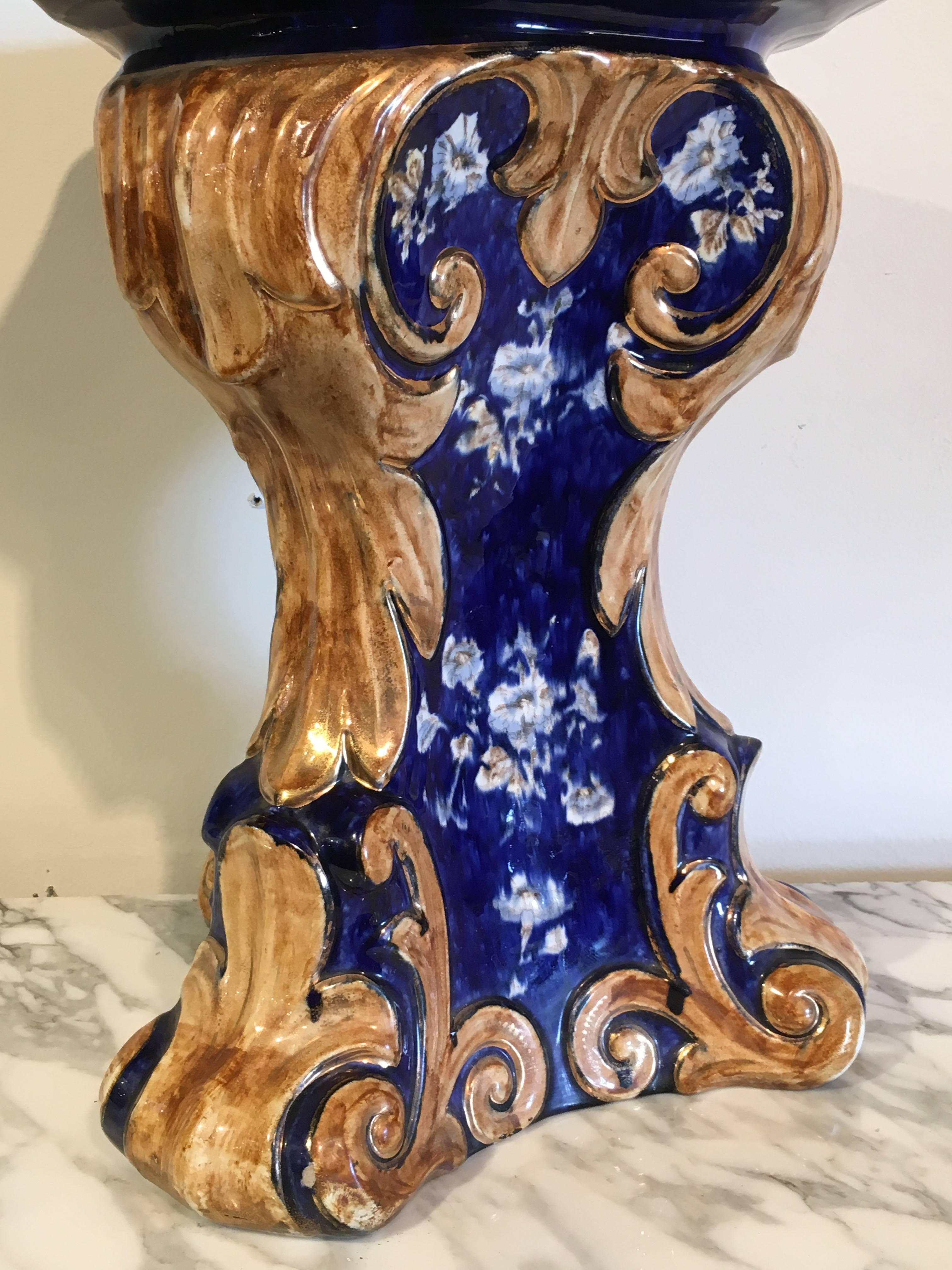 Majolica Cobalt Blue Garden Seat or Pedestal, Late 19th Century, Italy In Good Condition For Sale In Austin, TX