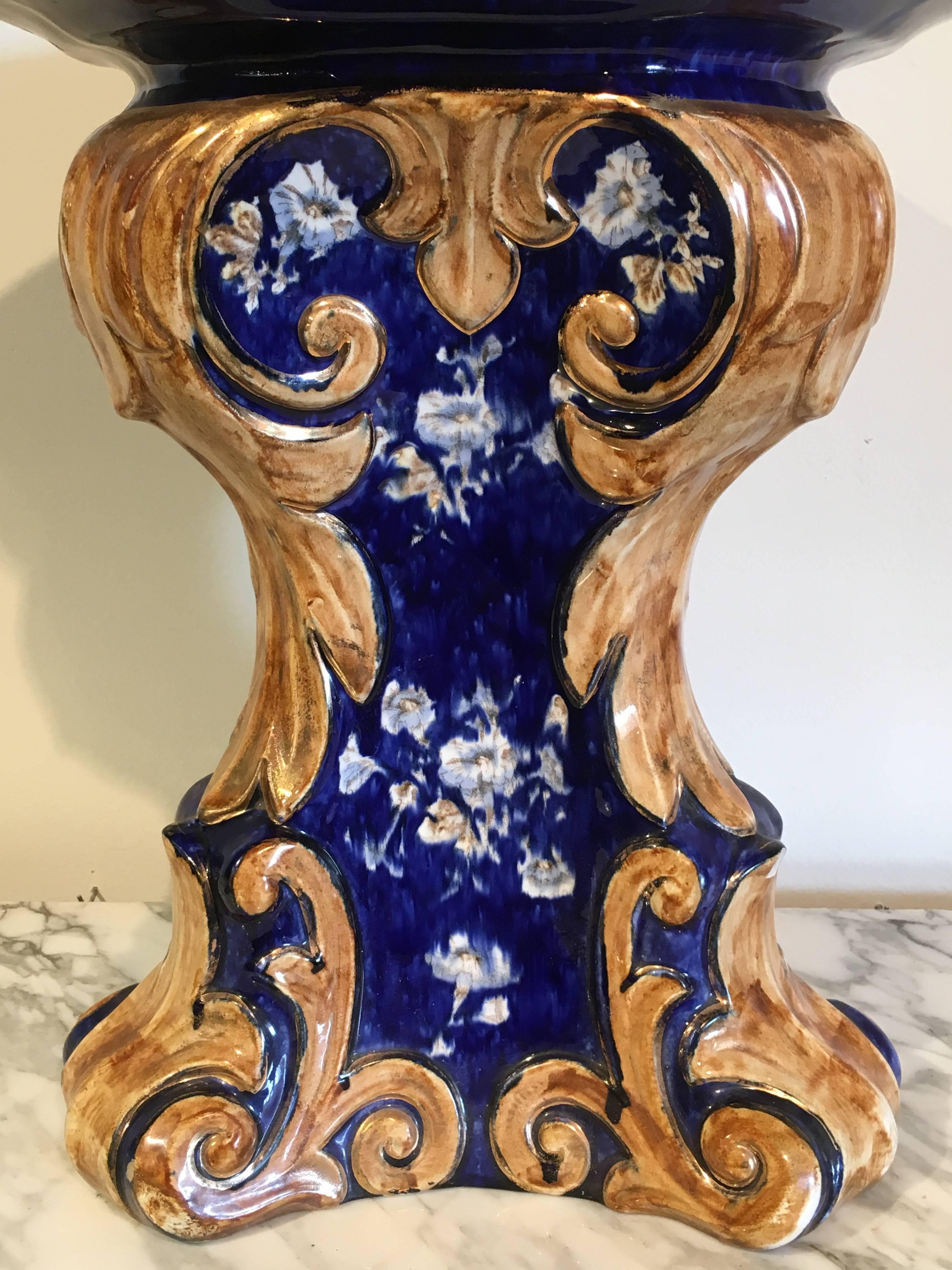 Gilt Majolica Cobalt Blue Garden Seat or Pedestal, Late 19th Century, Italy For Sale