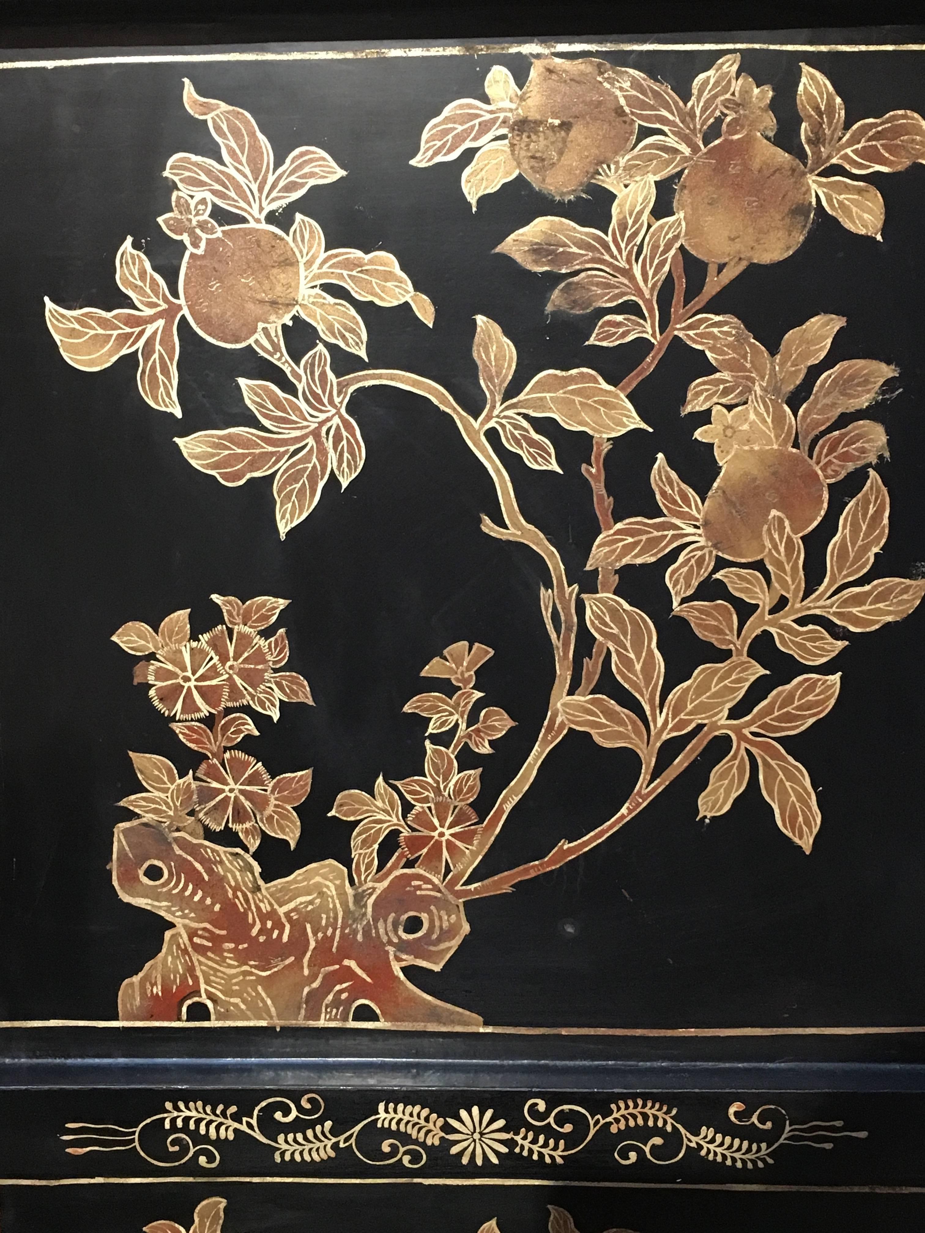 20th Century Chinese Black Lacquer Gilt Painted Dragon Cabinet, Late Qing Dynasty