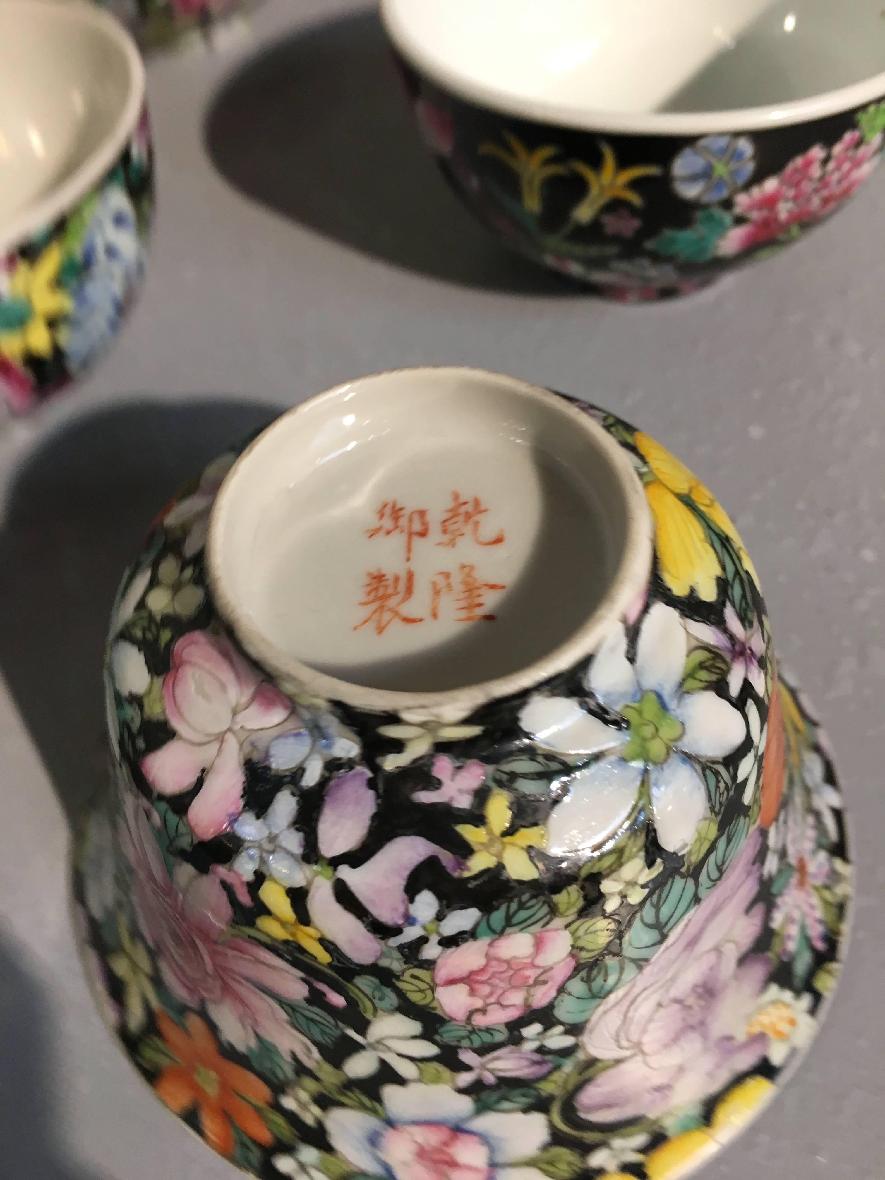 Enameled Chinese Famille Noir Mille Fleur Assembled Service For Sale