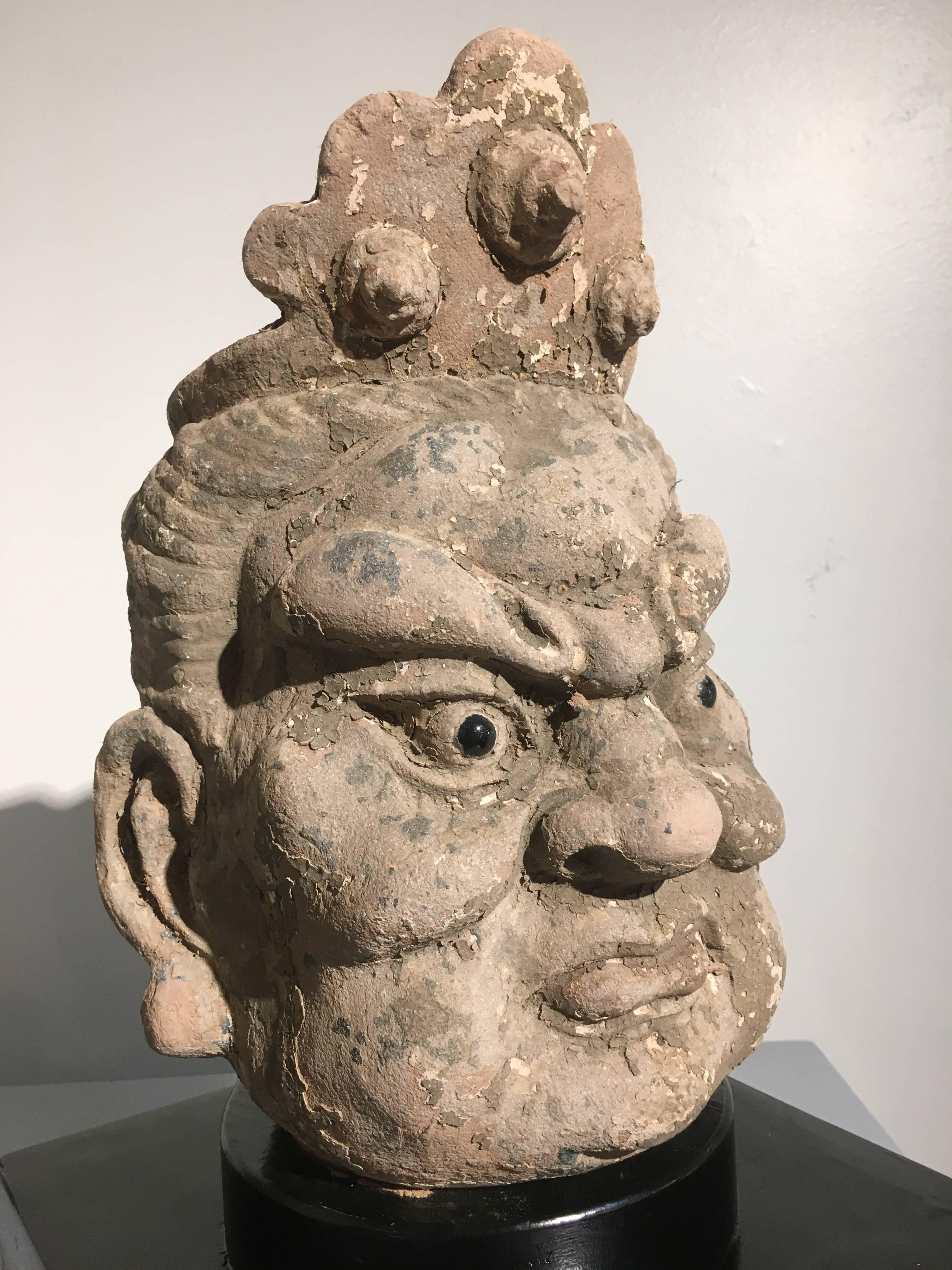 Pair Chinese Stucco Dvarapala Guardian Heads, Yuan to Ming Dynasty, 14th Century 2