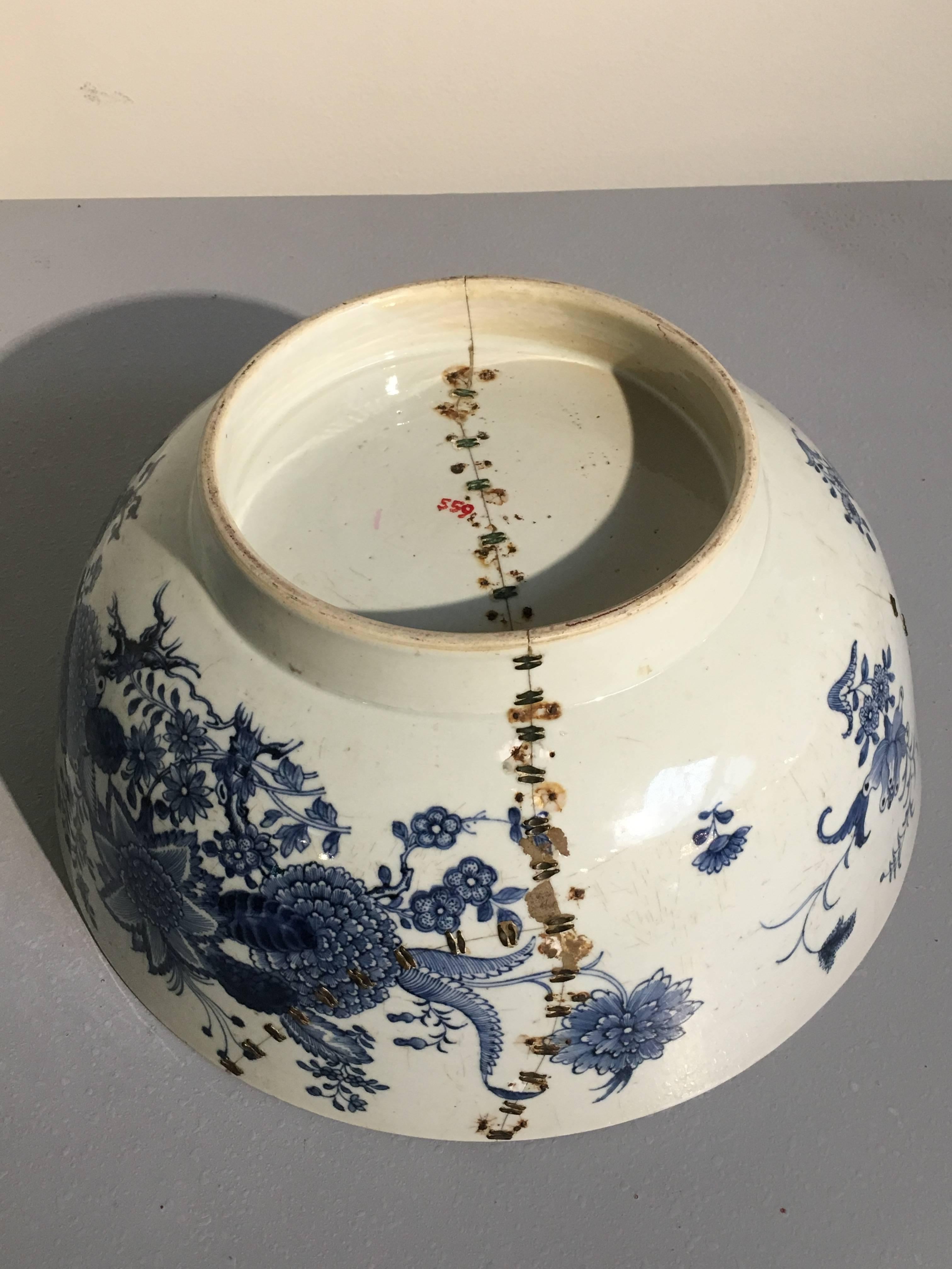 Hand-Painted Large Chinese Export Punchbowl with Staple Repairs, 18th Century For Sale
