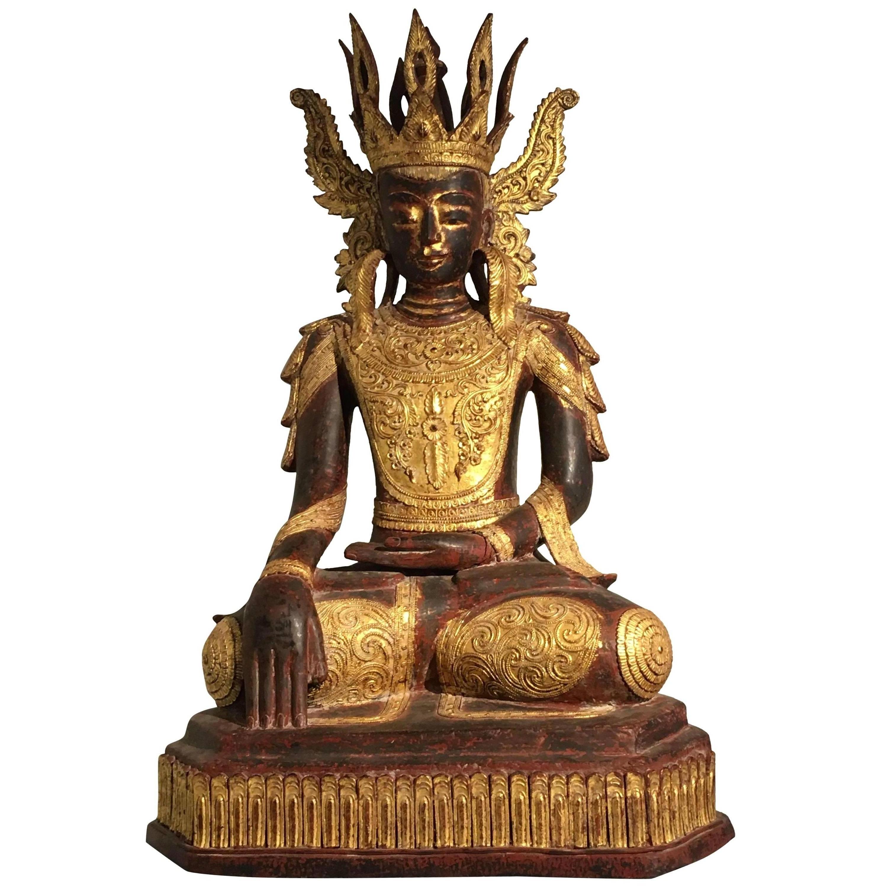Large Burmese Dry Lacquer Gilt Crowned Buddha,  Early 20th Century 