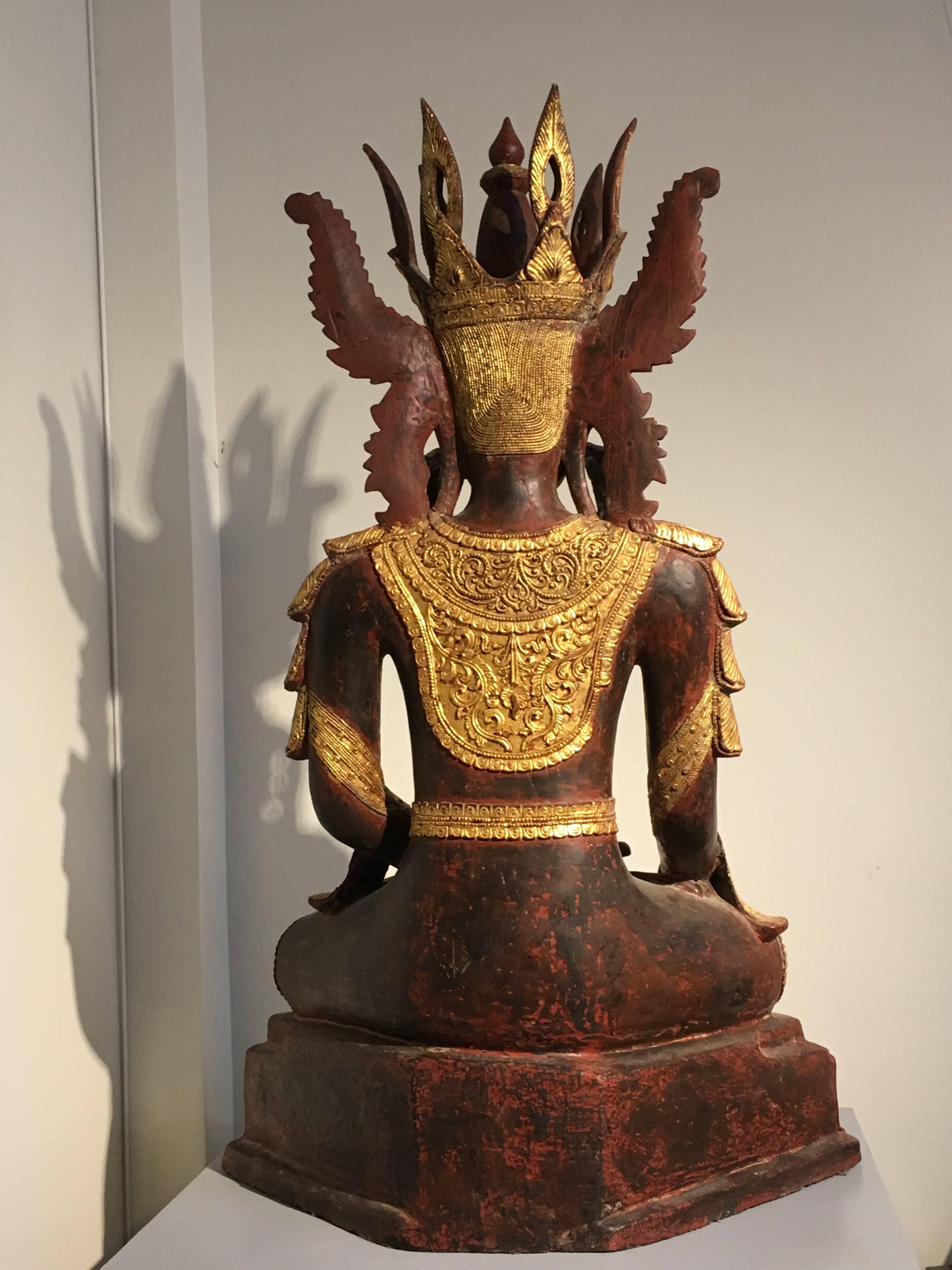 Large Burmese Dry Lacquer Gilt Crowned Buddha,  Early 20th Century  In Good Condition In Austin, TX
