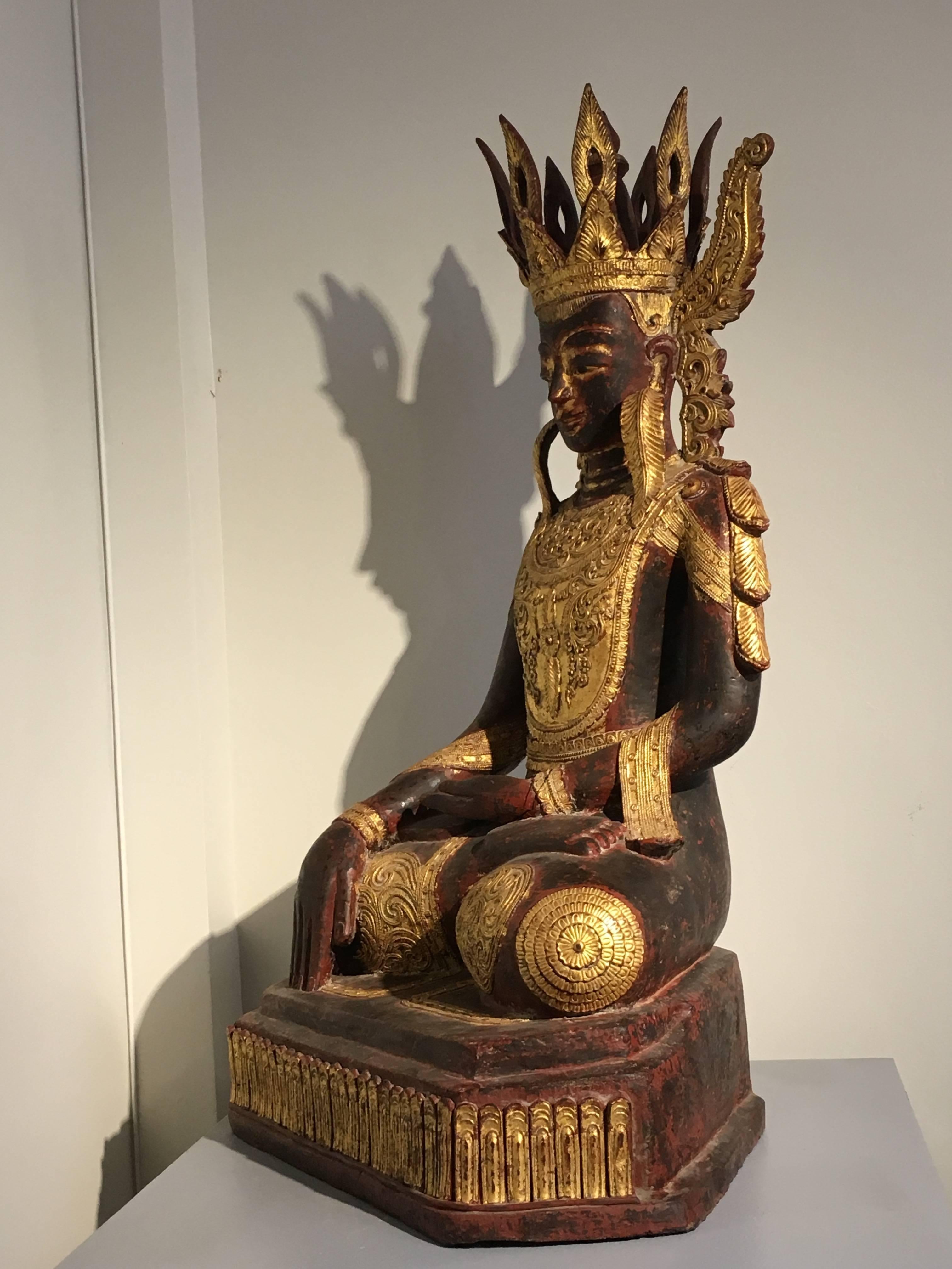 Hand-Crafted Large Burmese Dry Lacquer Gilt Crowned Buddha,  Early 20th Century 