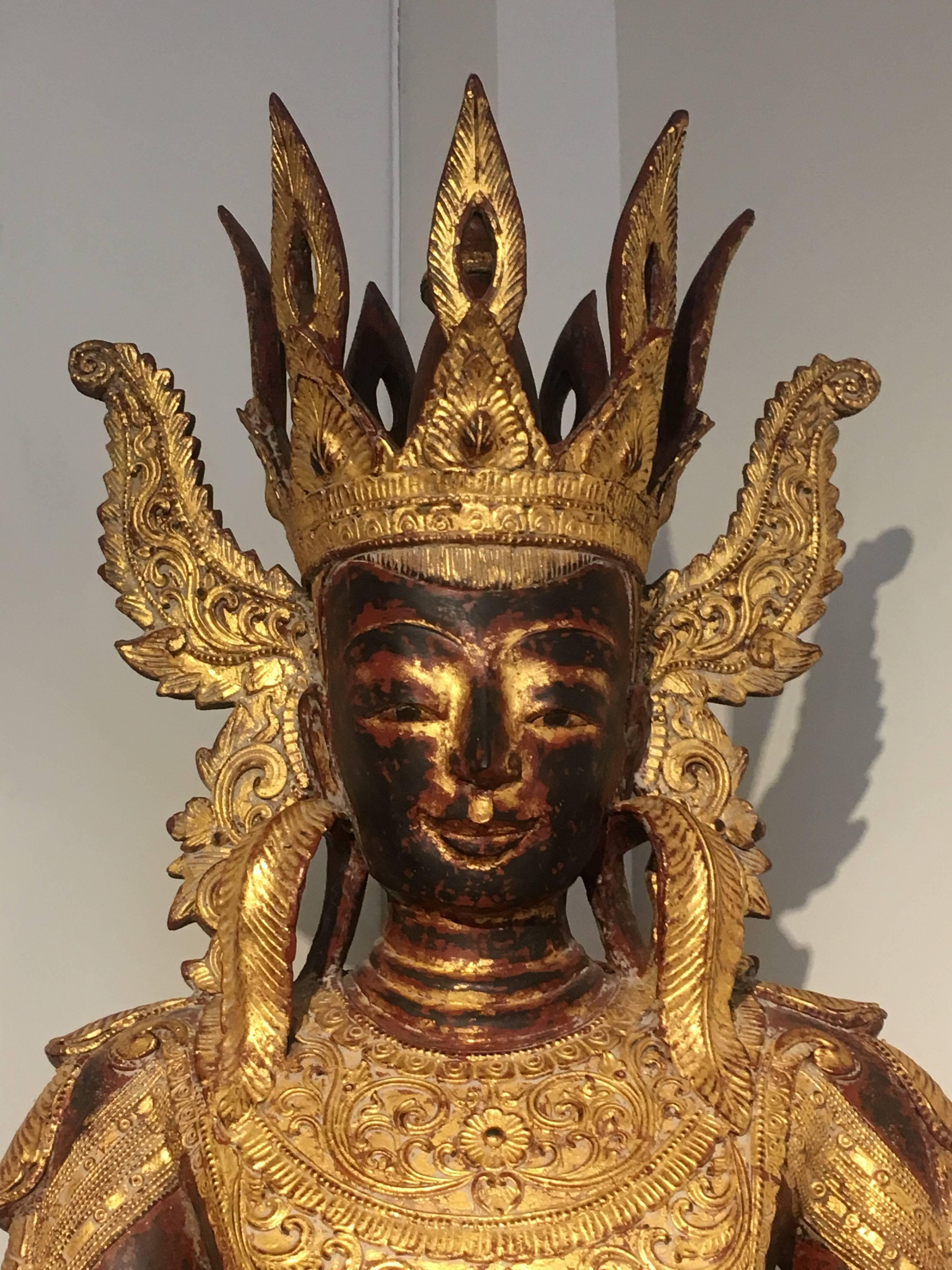Large Burmese Dry Lacquer Gilt Crowned Buddha,  Early 20th Century 2