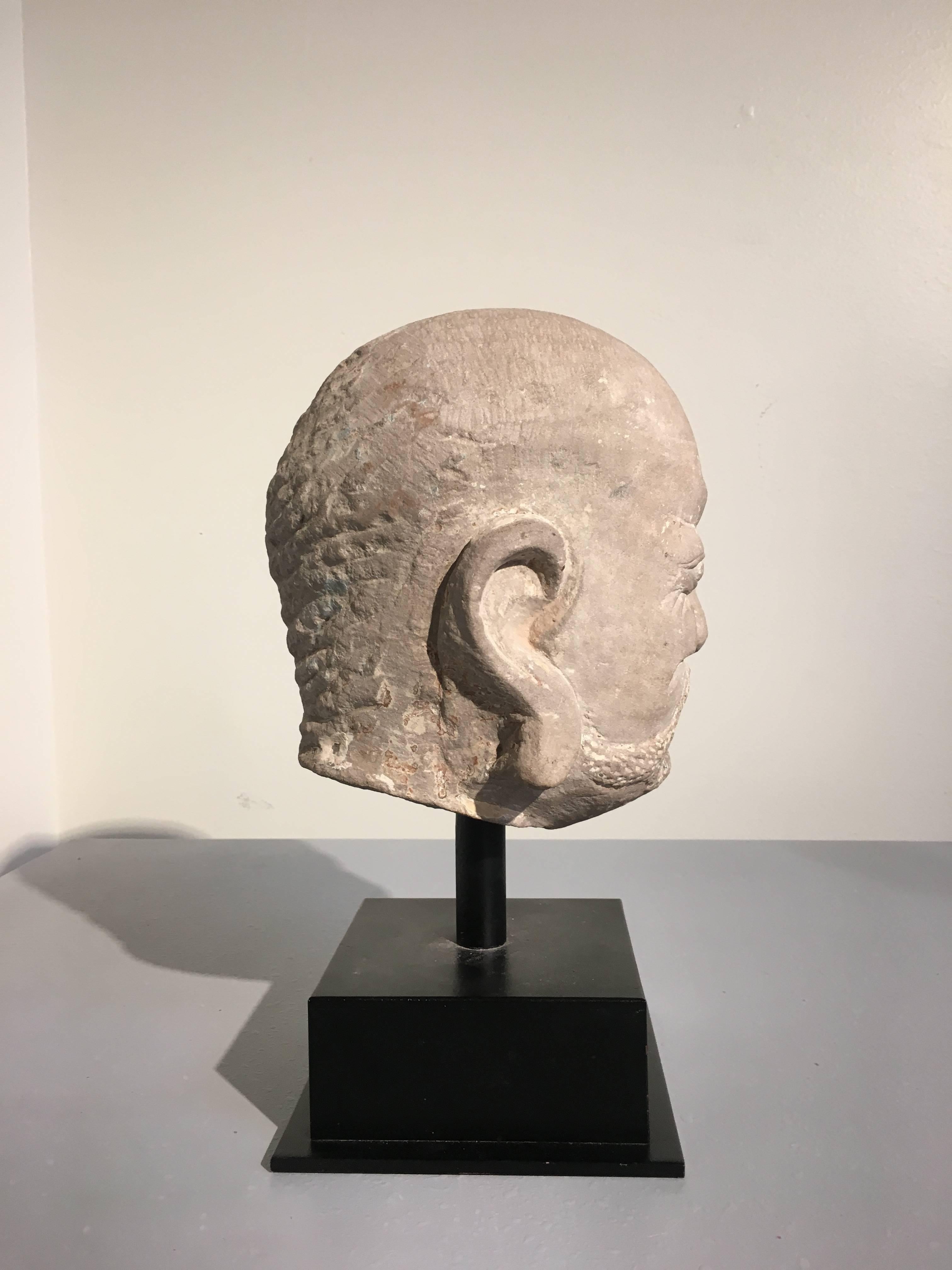 Hand-Carved Chinese Carved Limestone Luohan Head, Yuan Dynasty, 1271 - 1368
