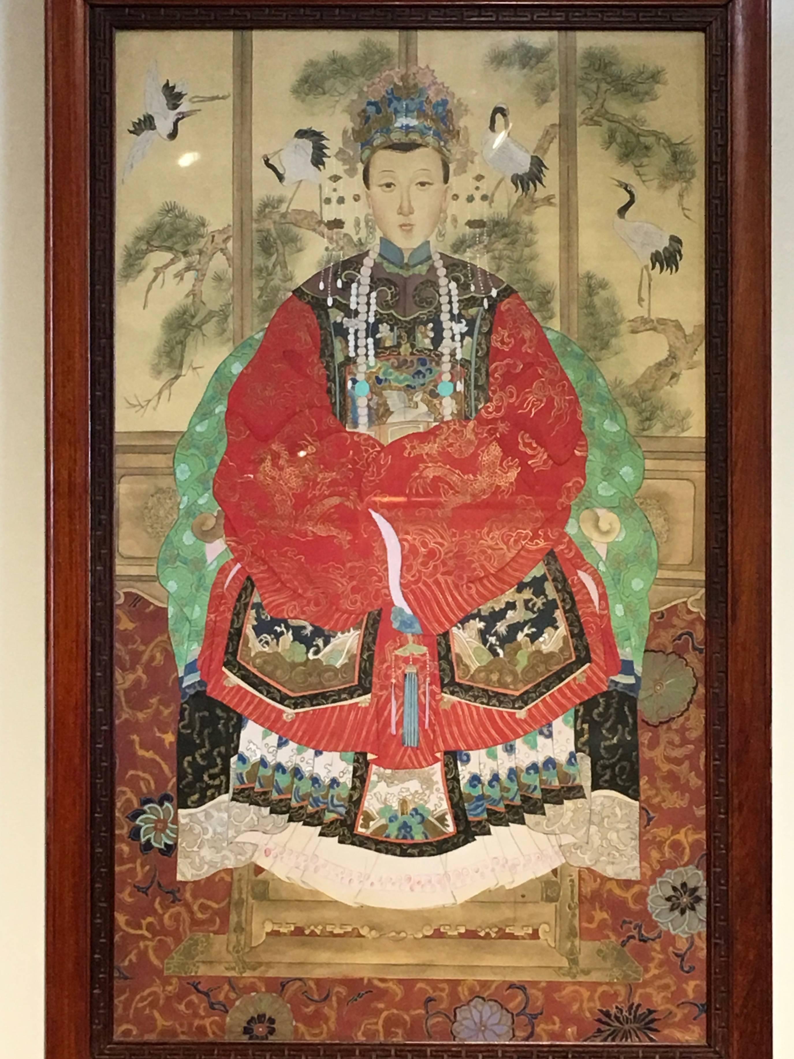 Qing Pair of Chinese Republic Period Rosewood Framed Ancestor Portraits