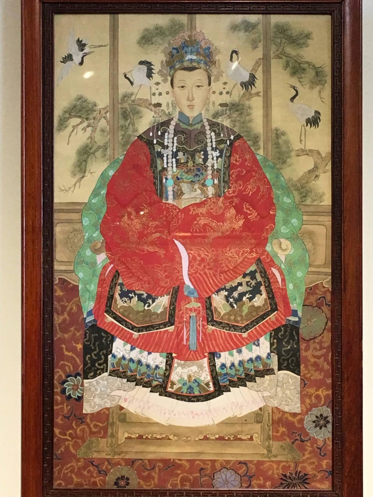 Pair Of Chinese Republic Period Rosewood Framed Ancestor Portraits