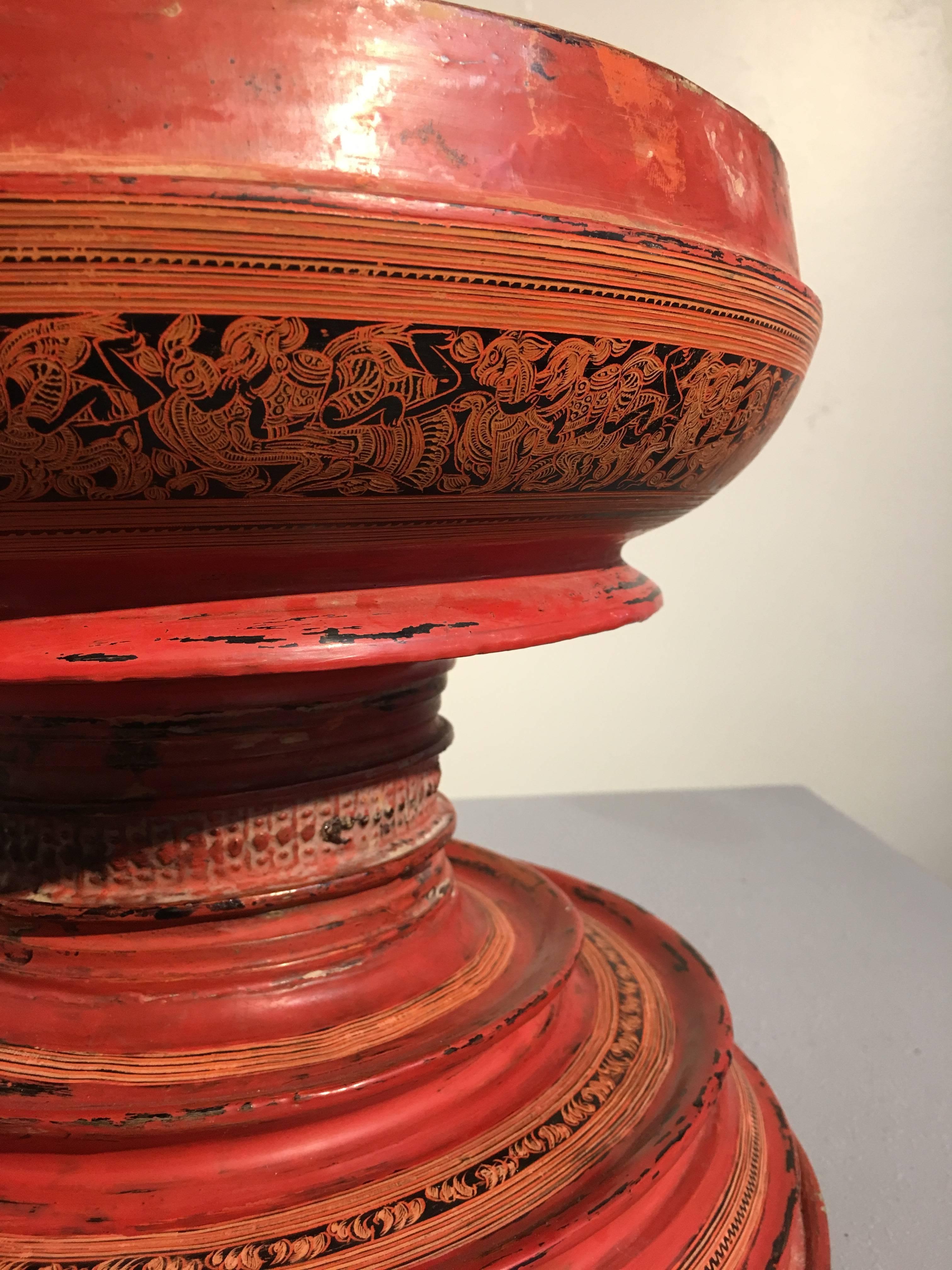 19th Century Burmese Red Lacquer Painted Hsun-Ok 1