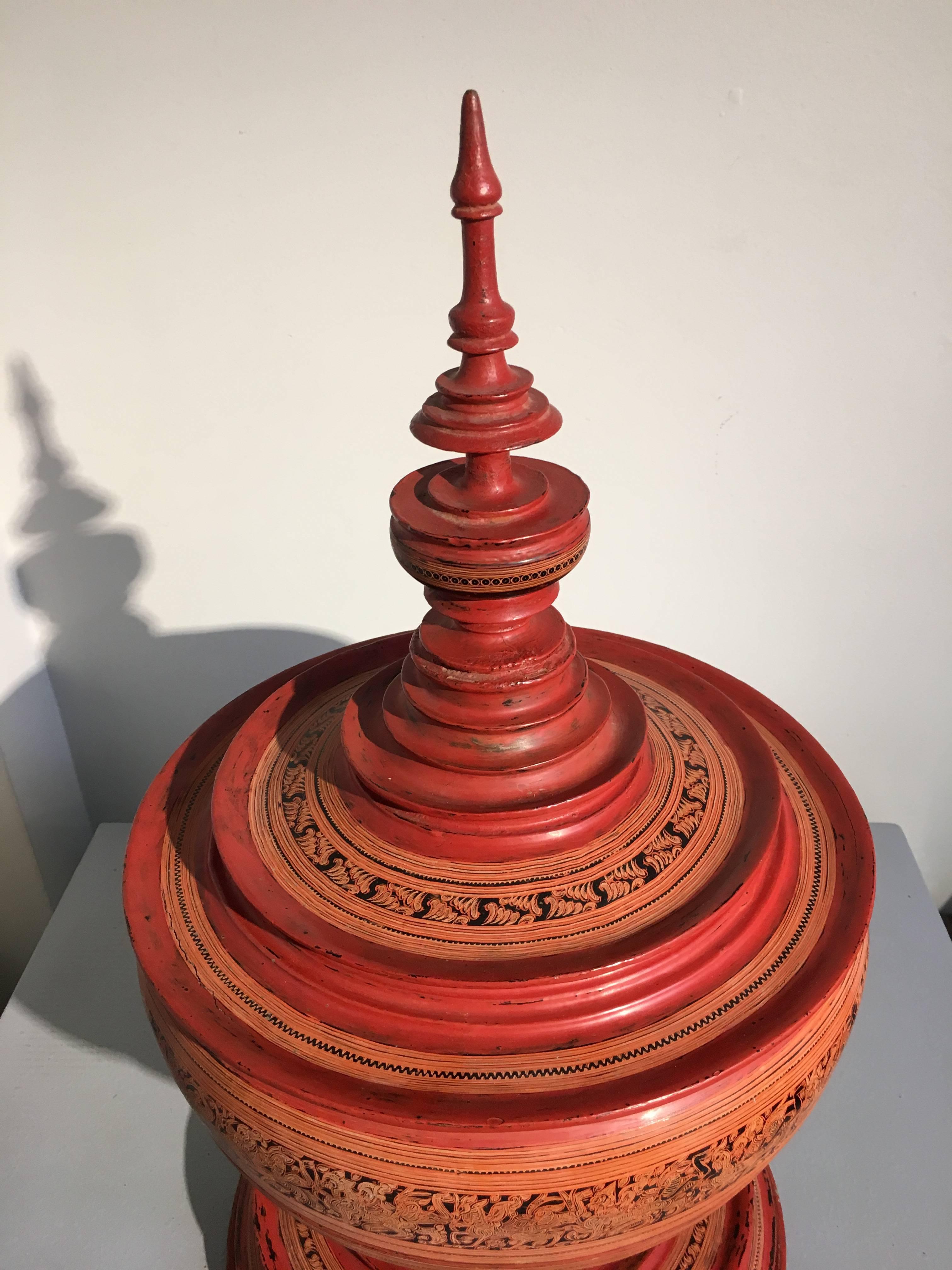 Hand-Painted 19th Century Burmese Red Lacquer Painted Hsun-Ok