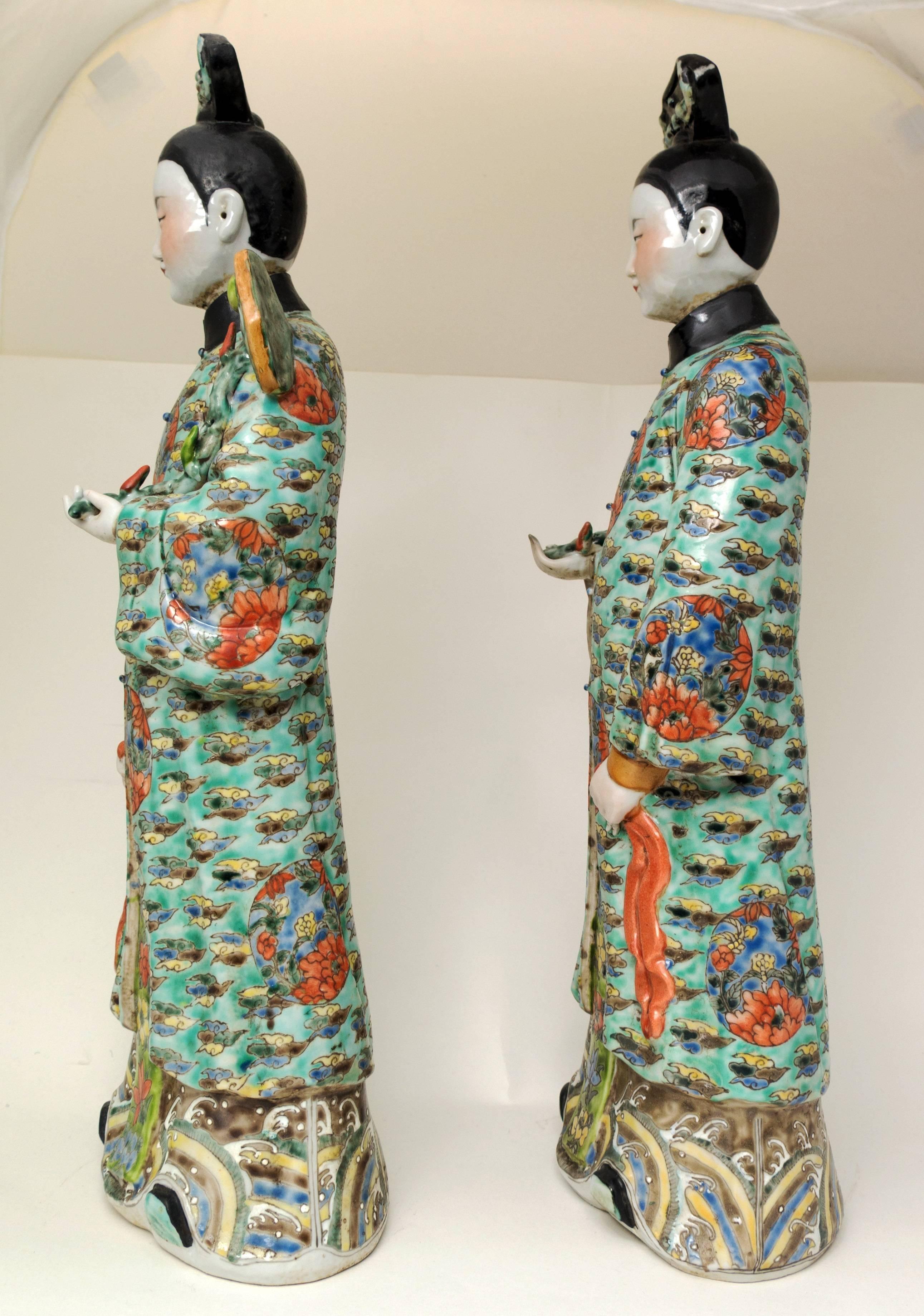 Chinoiserie Pair of Chinese Porcelain Nodding Sculpture of Court Ladies For Sale