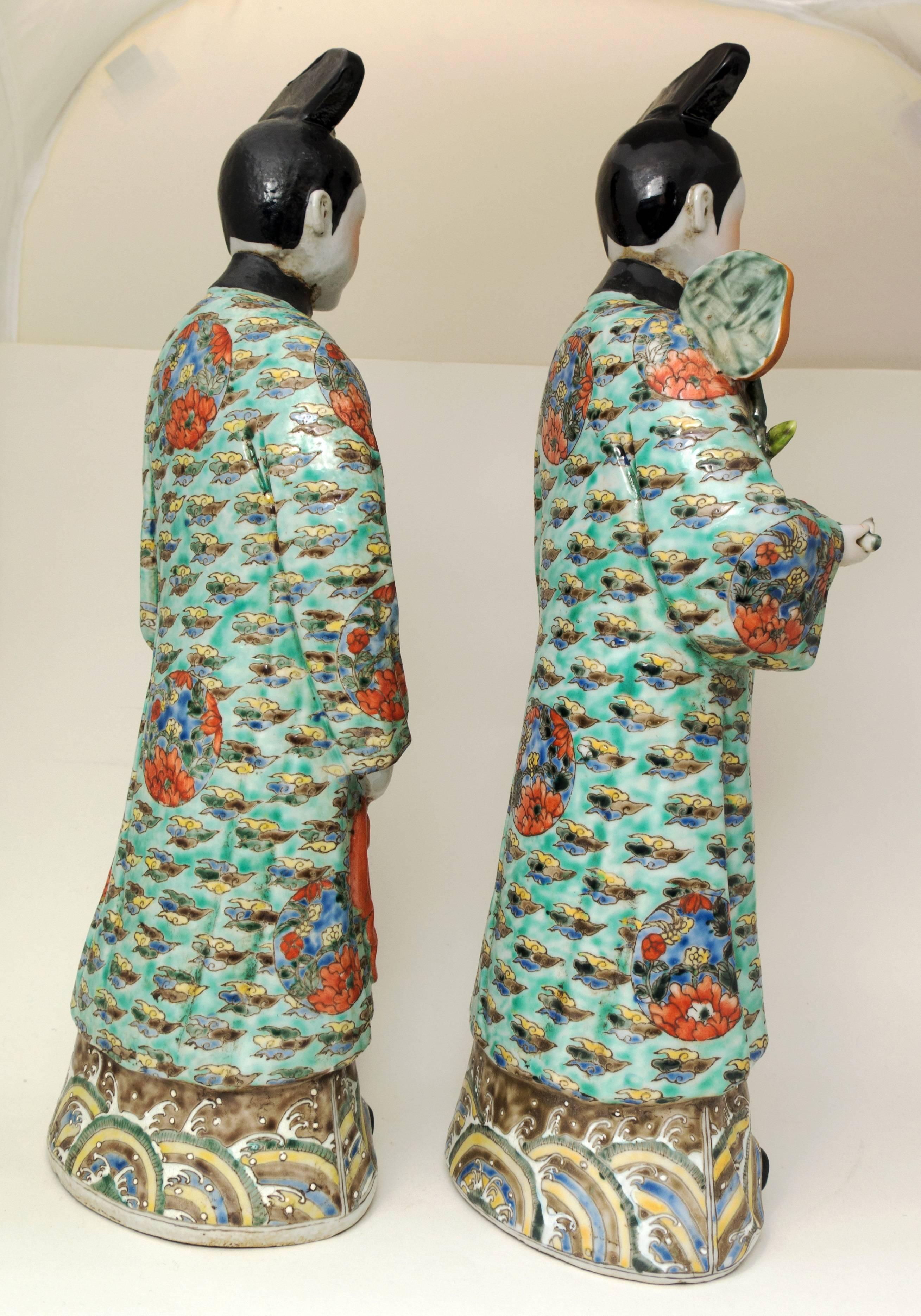Enameled Pair of Chinese Porcelain Nodding Sculpture of Court Ladies For Sale