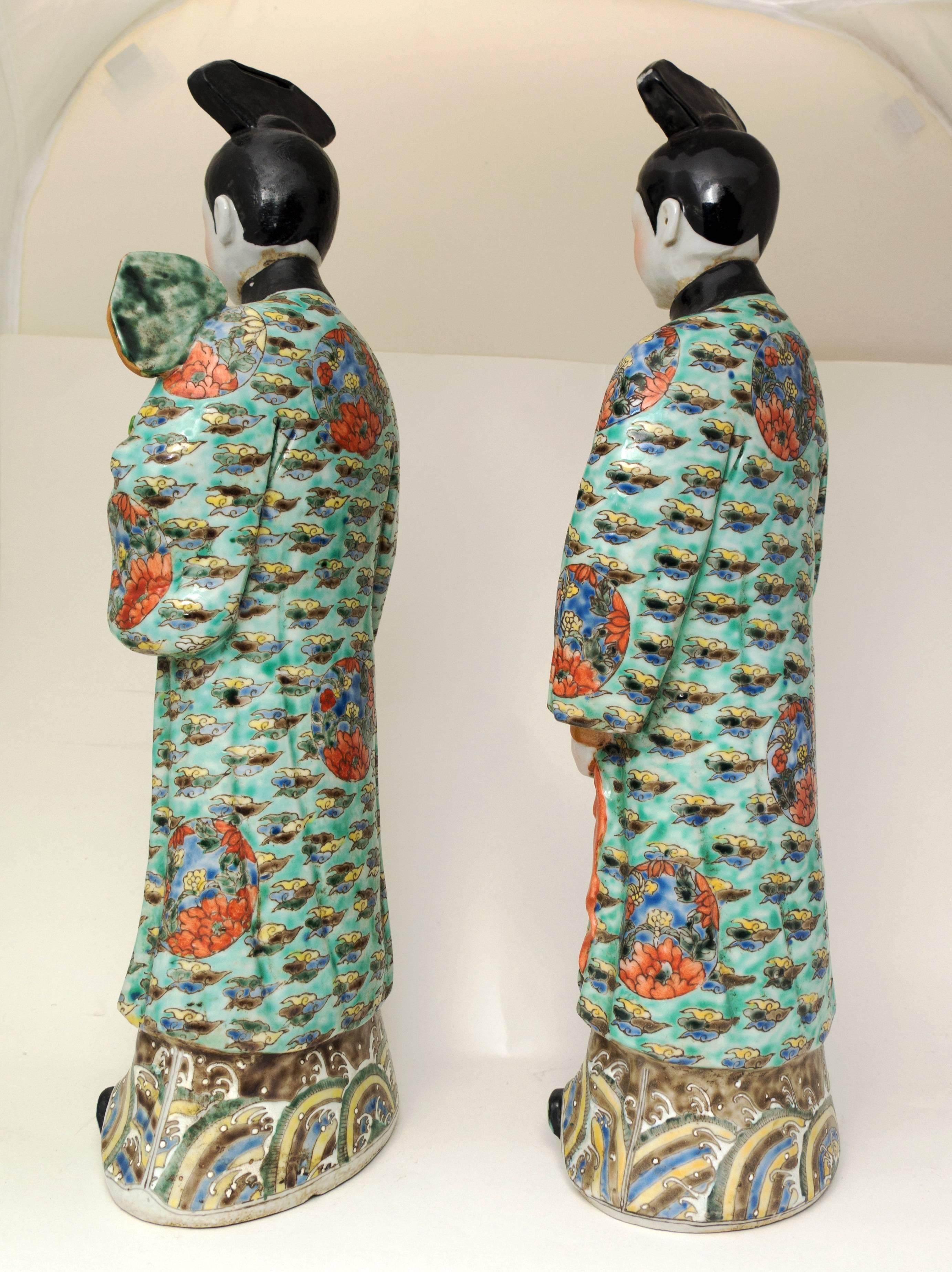 Enameled Pair of Chinese Porcelain Nodding Sculpture of Court Ladies