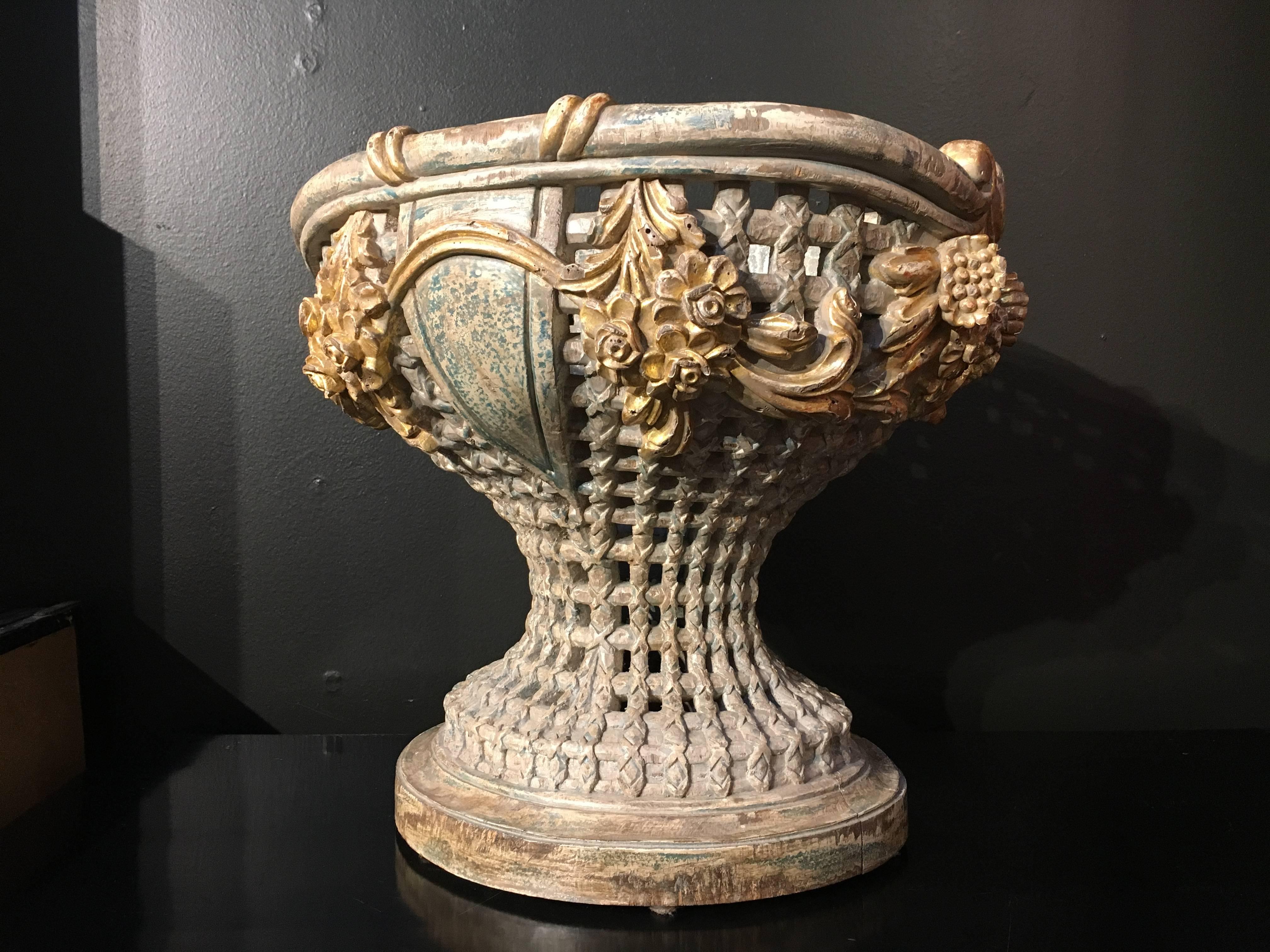 Empire Revival Italian Carved, Polychrome, Gilt Basket Form Centerpiece Jardiniere, circa 1900