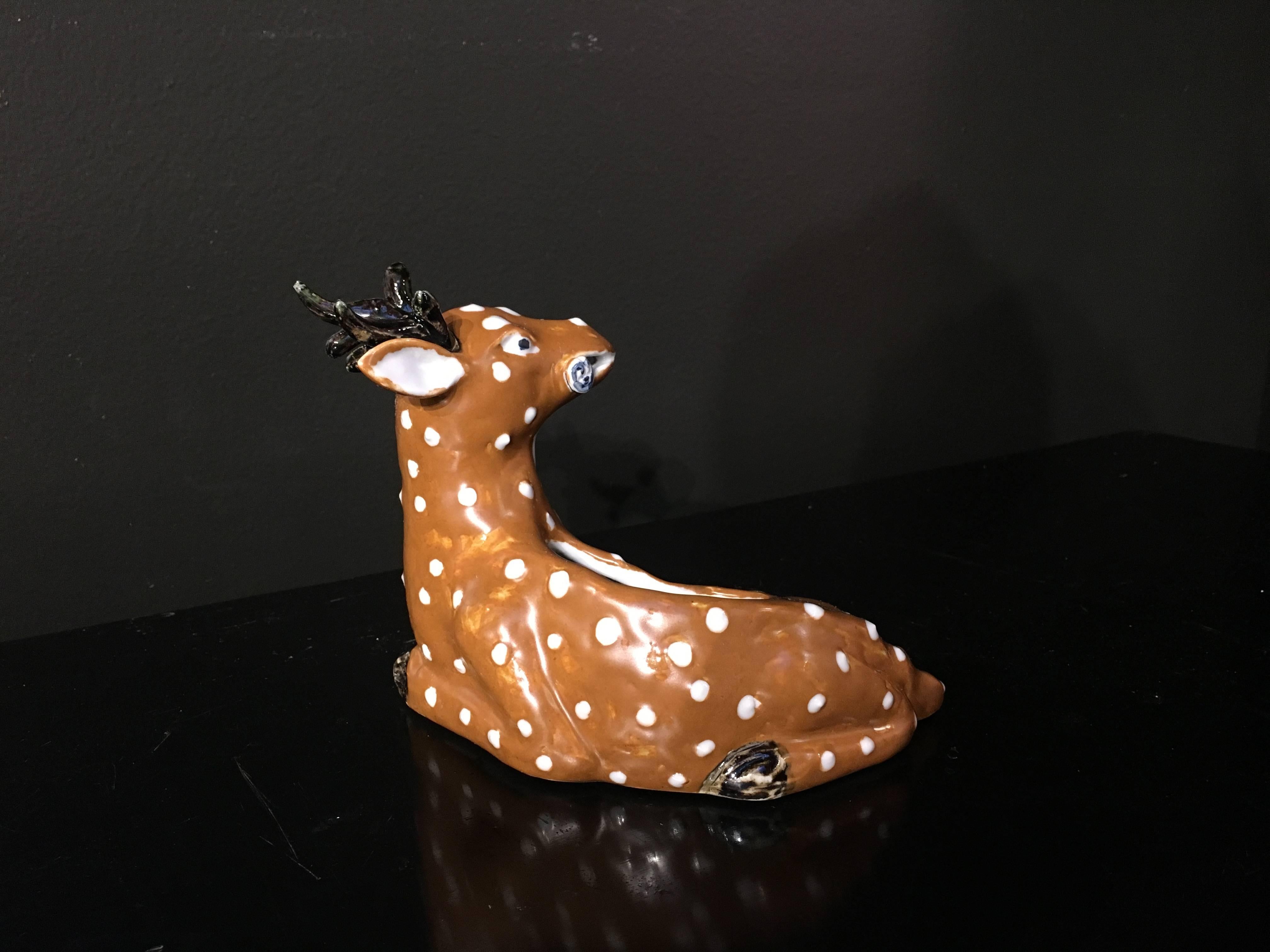 Glazed Chinese Qing Dynasty Porcelain Spotted Deer Brush Washer, Mid-19th Century For Sale