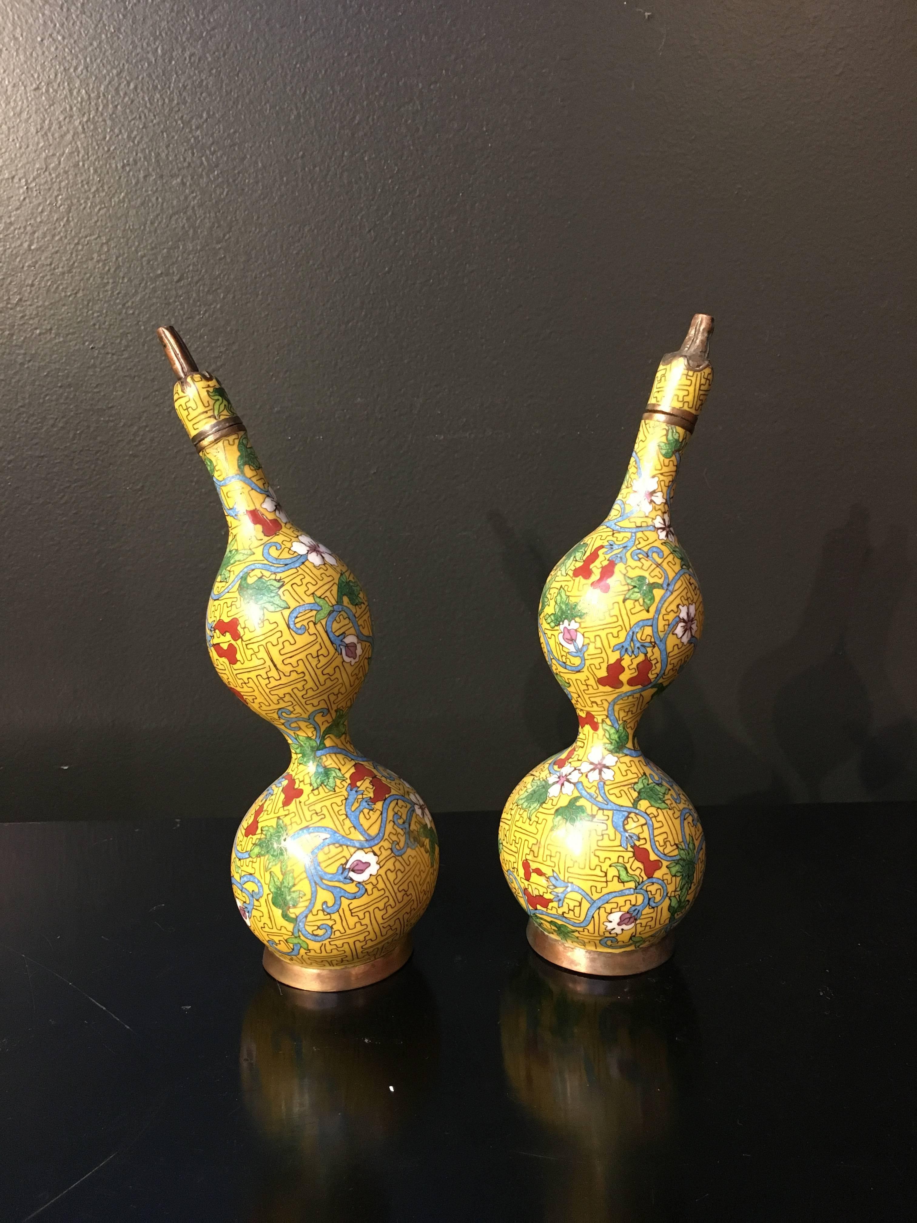 Enameled Pair of Chinese Yellow Cloisonne Double Gourd Bottles, Early 20th Century