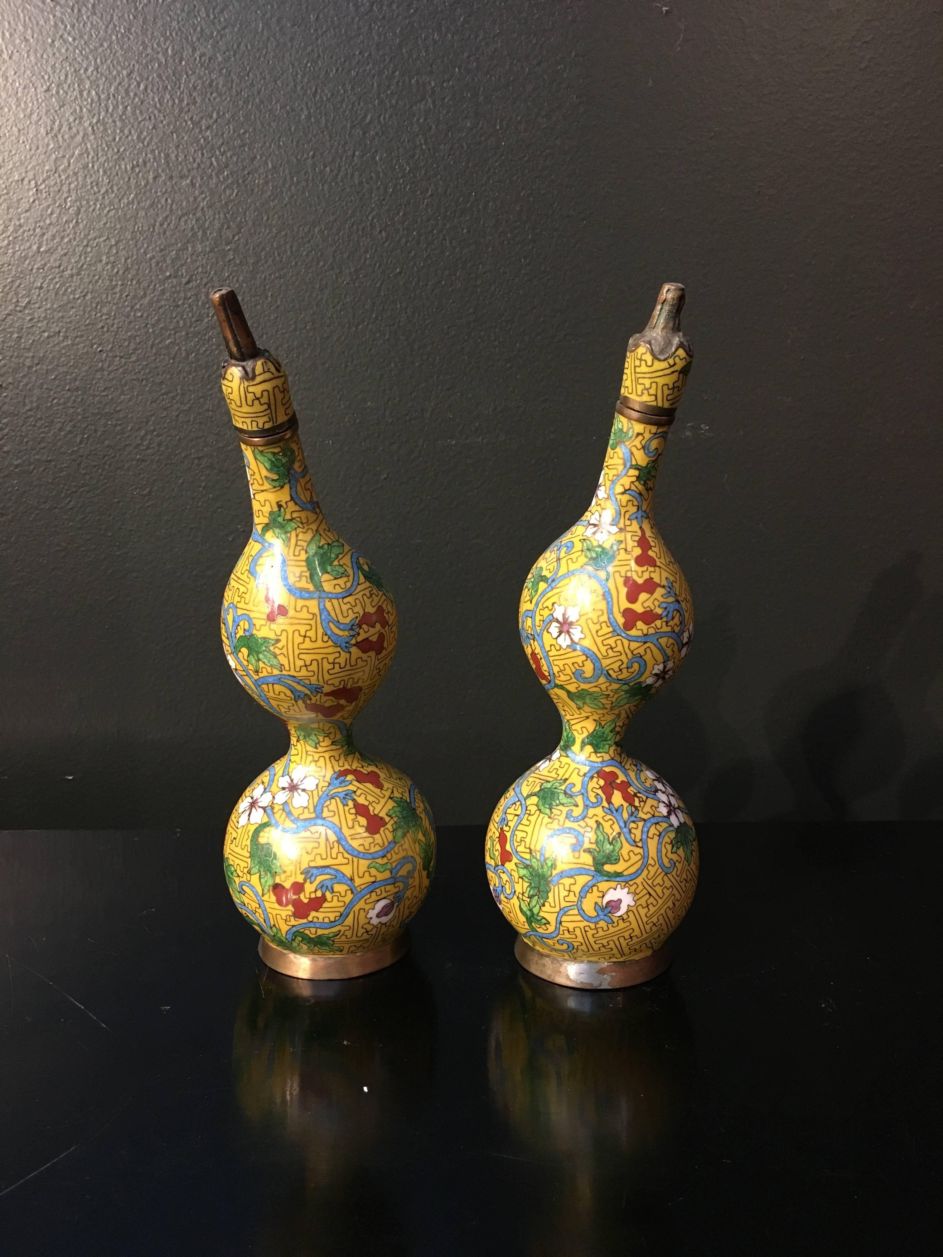 Qing Pair of Chinese Yellow Cloisonne Double Gourd Bottles, Early 20th Century