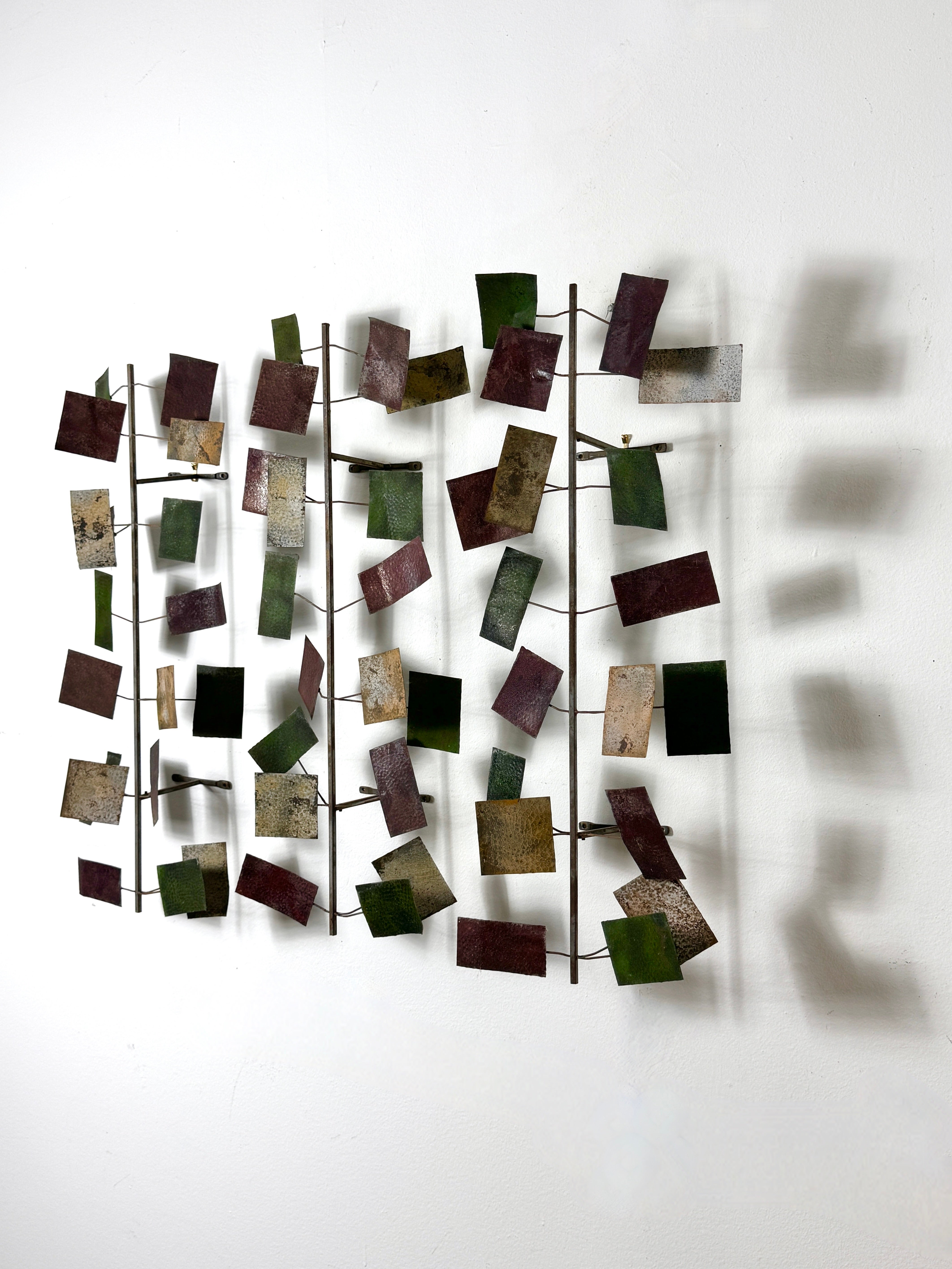 Impressive wall mounted three dimensional triptych sculpture circa 1970s
Wire and metal construction with various finishes welded in an abstract multi plane design 

Each component hangs on dual extended brackets and can be configured as
