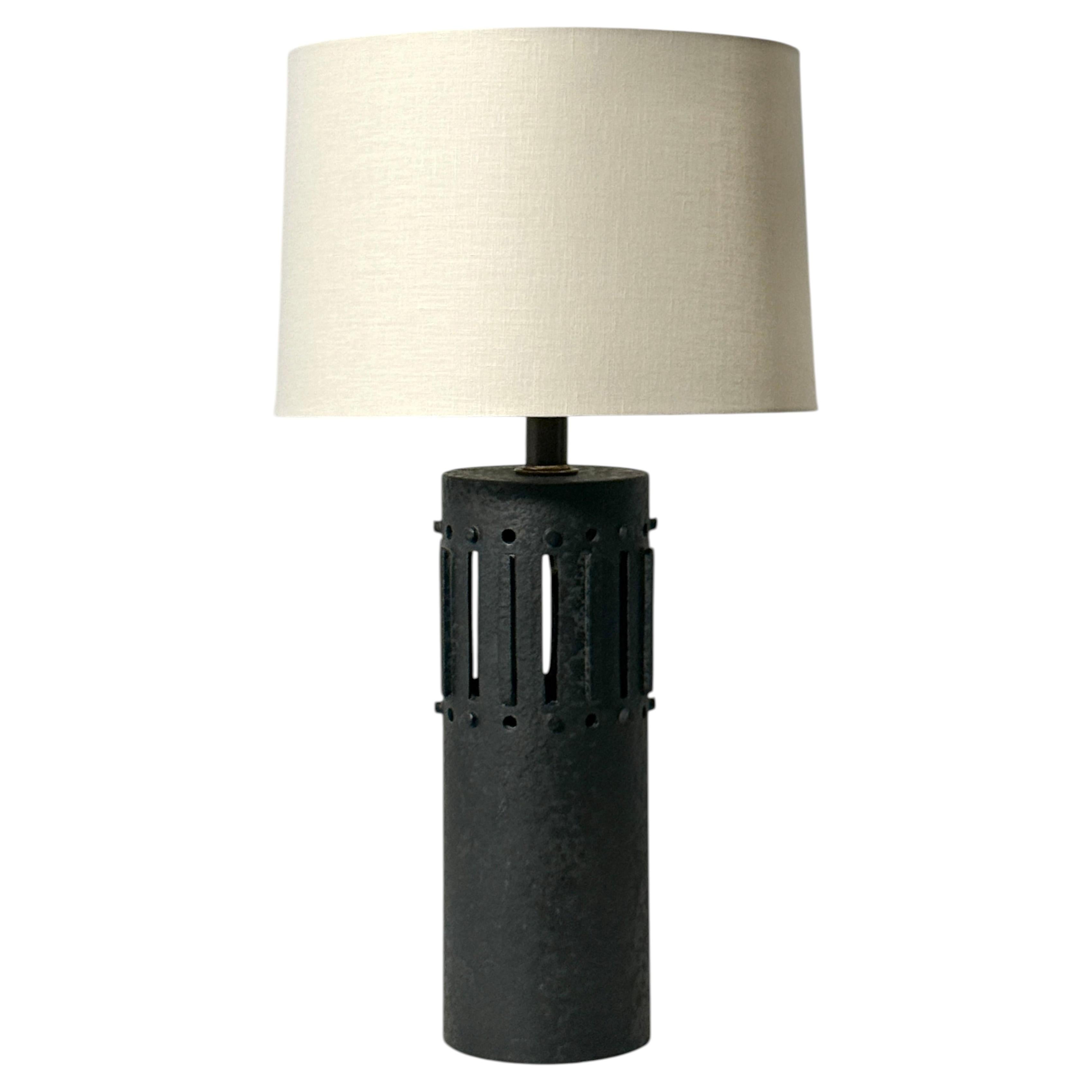 Mid Century Brutalist Black Ceramic Table Lamp Architectural Design USA 1960s