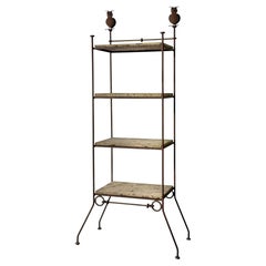 Diego Giacometti Style Wrought Iron and Stone Etagere Shelving with Owl Finials