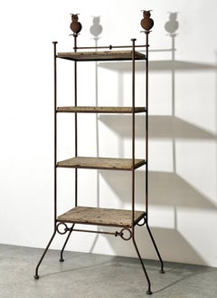 Diego Giacometti Style Wrought Iron and Stone Etagere Shelving with Owl Finials