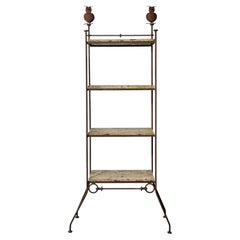 Diego Giacometti Style Wrought Iron and Stone Etagere Shelving with Owl Finials