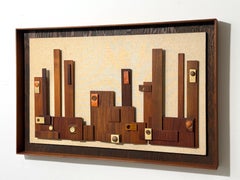 Große abstrakte Stadtansicht-Wandskulptur im Mid-Century-Modern-Stil aus Walnussholz und Keramik