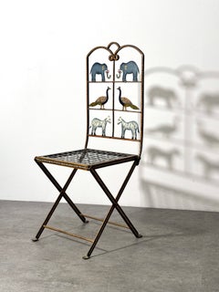 French Animal Motif Iron Folding Garden Chair Style of Atelier Marolles 1950's