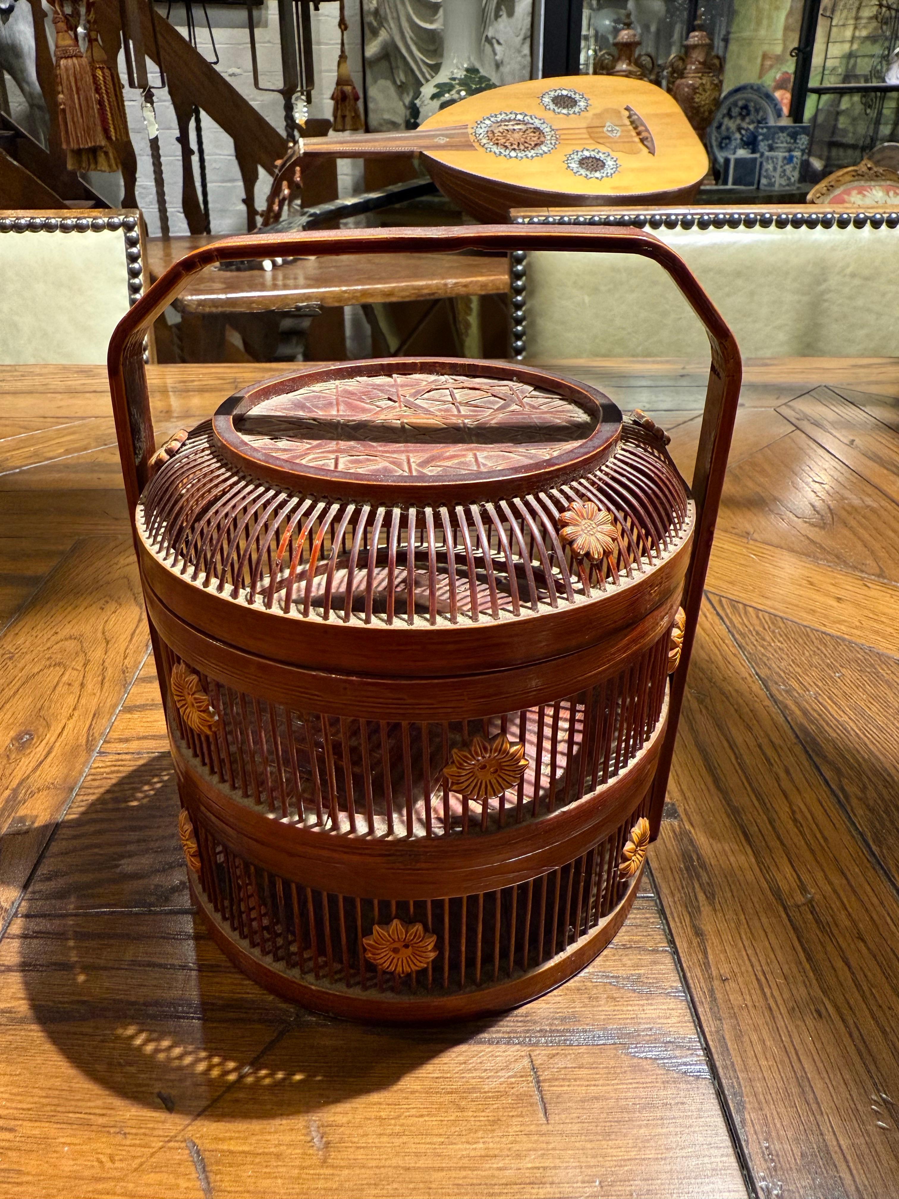 20th Century A Chinese Two-Tiered Bamboo and Rattan Lidded Dessert Basket with Handle For Sale
