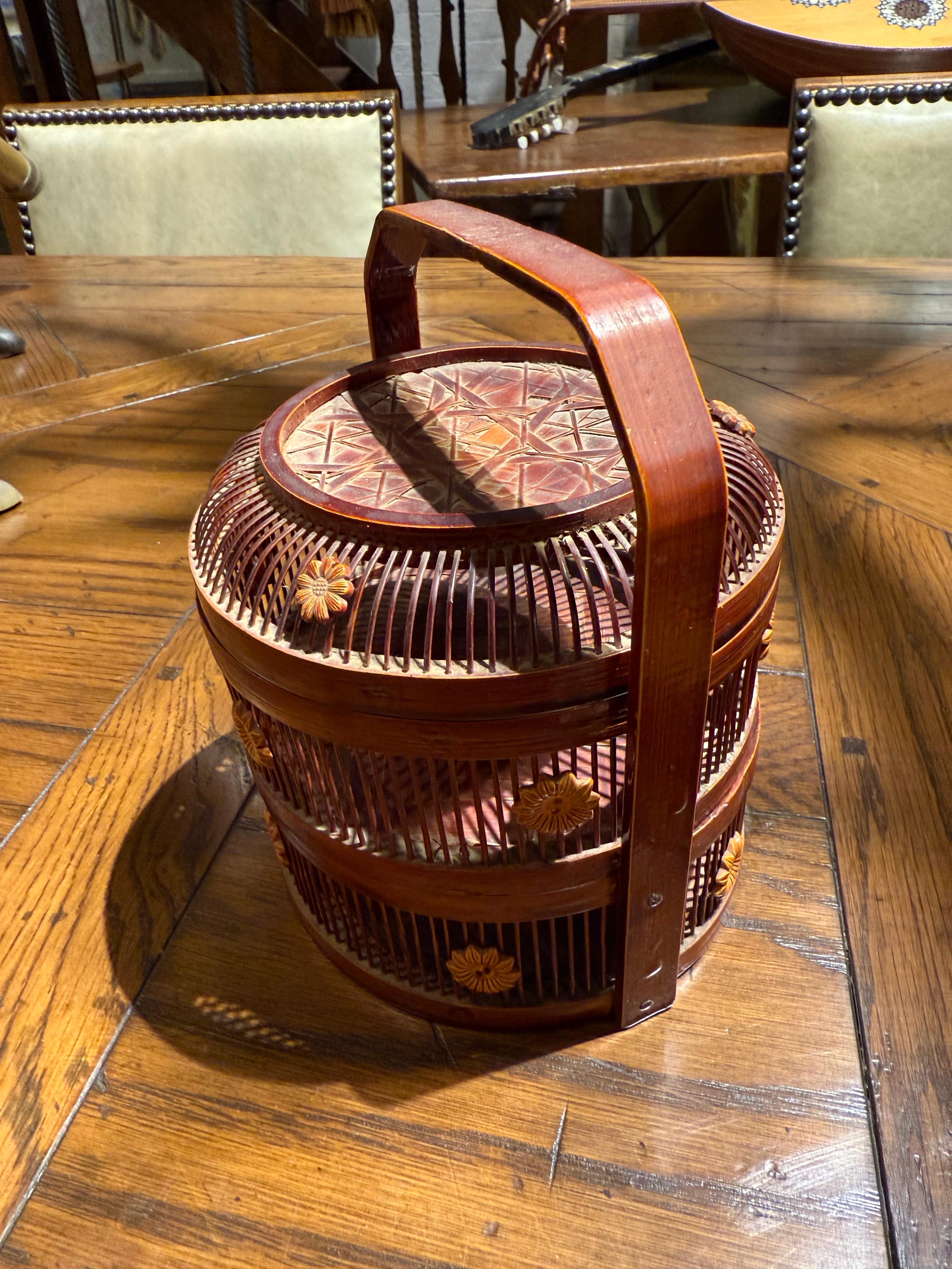 A Chinese Two-Tiered Bamboo and Rattan Lidded Dessert Basket with Handle For Sale 4